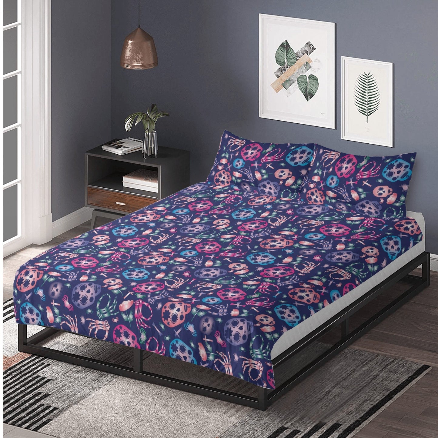 4pcs Sugar skull skeleton pattern bedding duvet cover, day of the dead bedding set, dia de los muertos candy skull duvet cover pillow covers