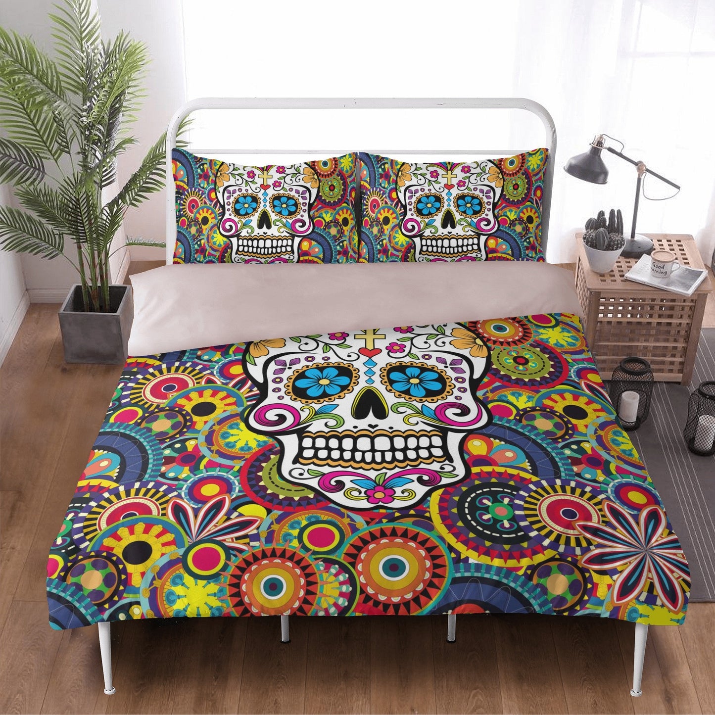 4pcs Sugar skull skeleton pattern bedding duvet cover, day of the dead bedding set, dia de los muertos candy skull duvet cover pillow covers