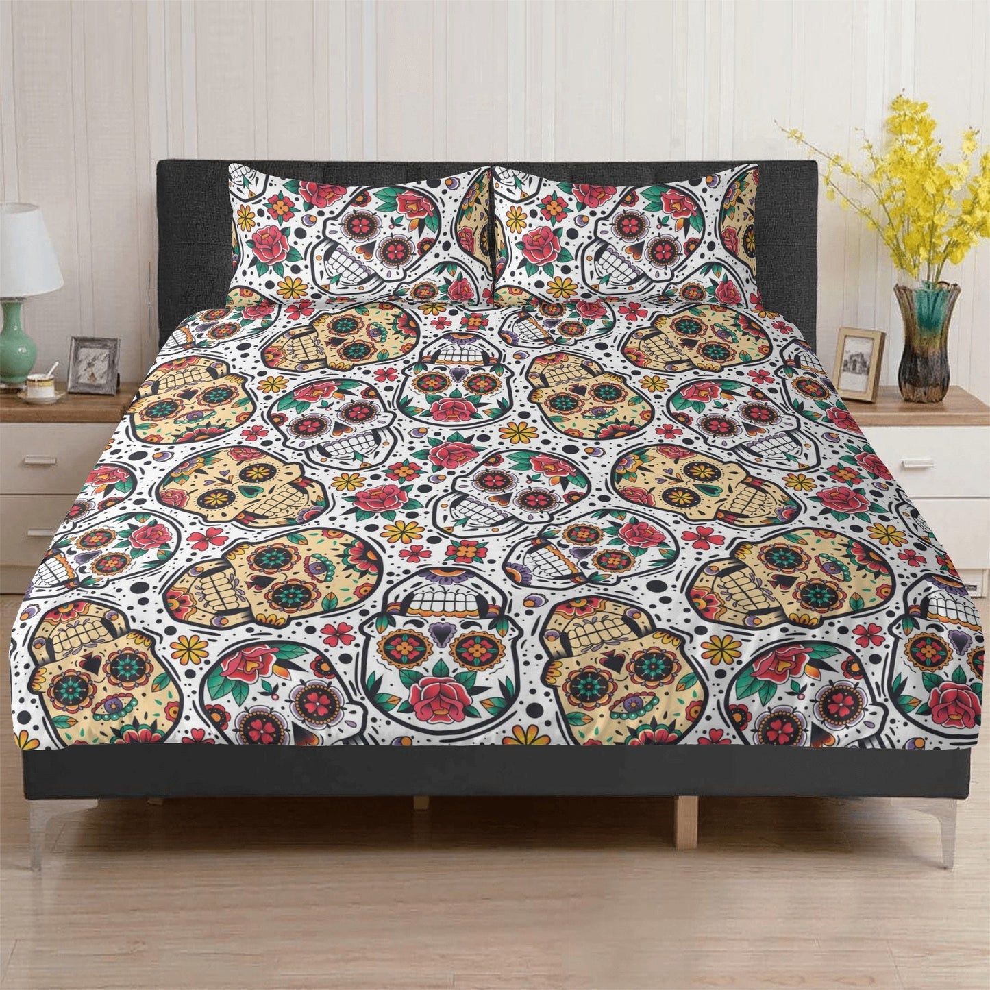 4pcs Candy skull pattern bedding duvet cover, day of the dead skull bedding set, dia de los muertos sugar skull duvet cover pillow covers