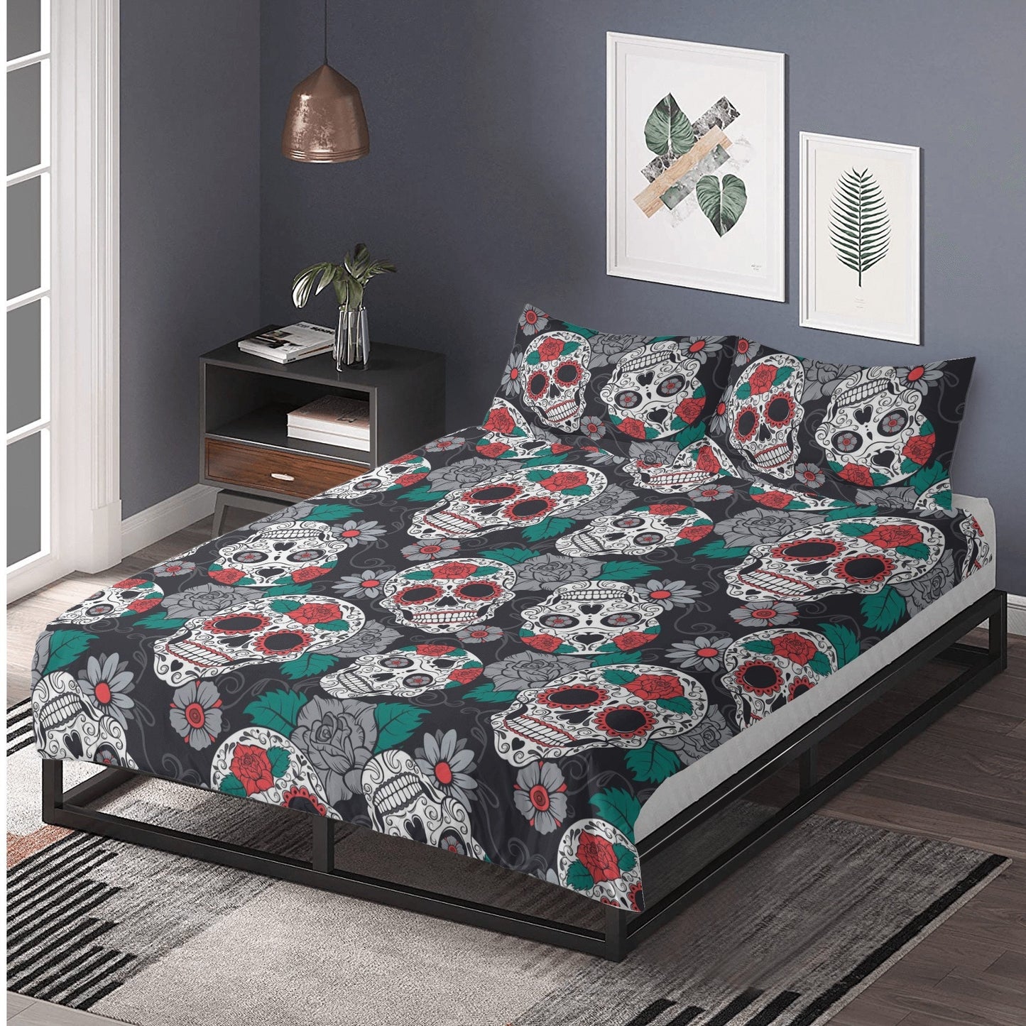 4pcs Floral sugar skull bedding duvet cover set, day of the dead skull bedding set, dia de los muertos sugar skull duvet cover pillow covers
