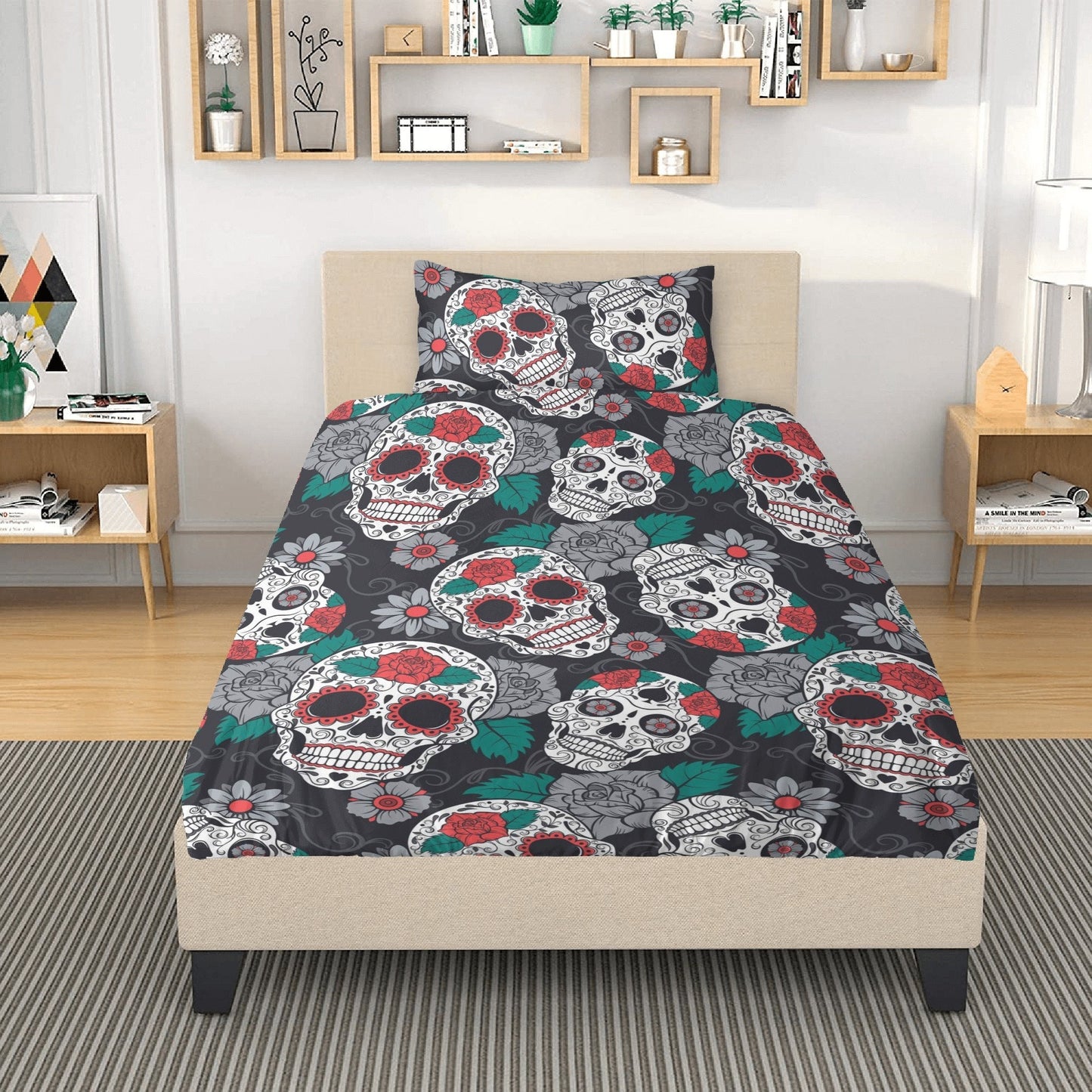4pcs Floral sugar skull bedding duvet cover set, day of the dead skull bedding set, dia de los muertos sugar skull duvet cover pillow covers