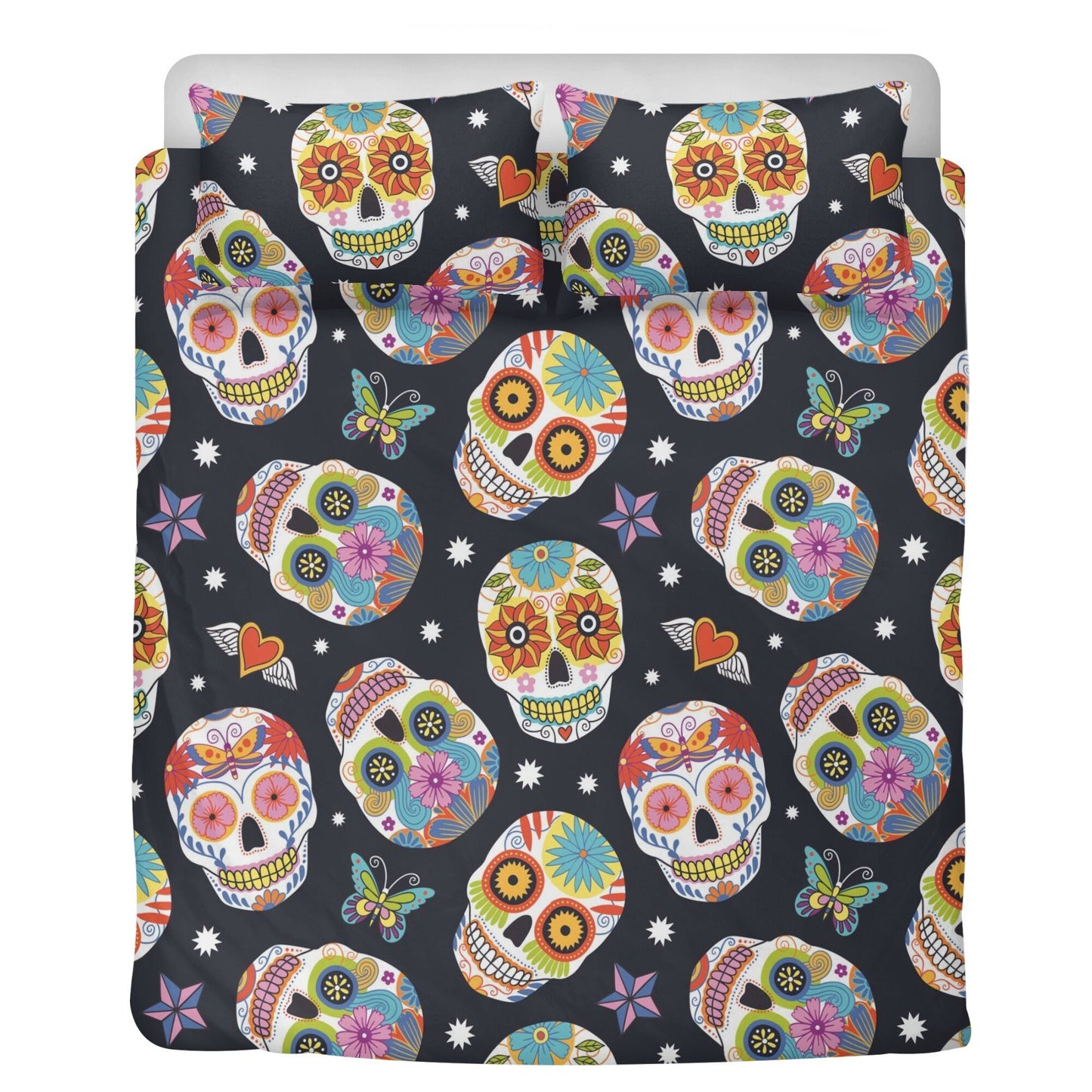 4pcs candy skull bedding duvet cover set, dia de los muertos skull bedding set, Mexican calaveras floral skull duvet cover pillow covers