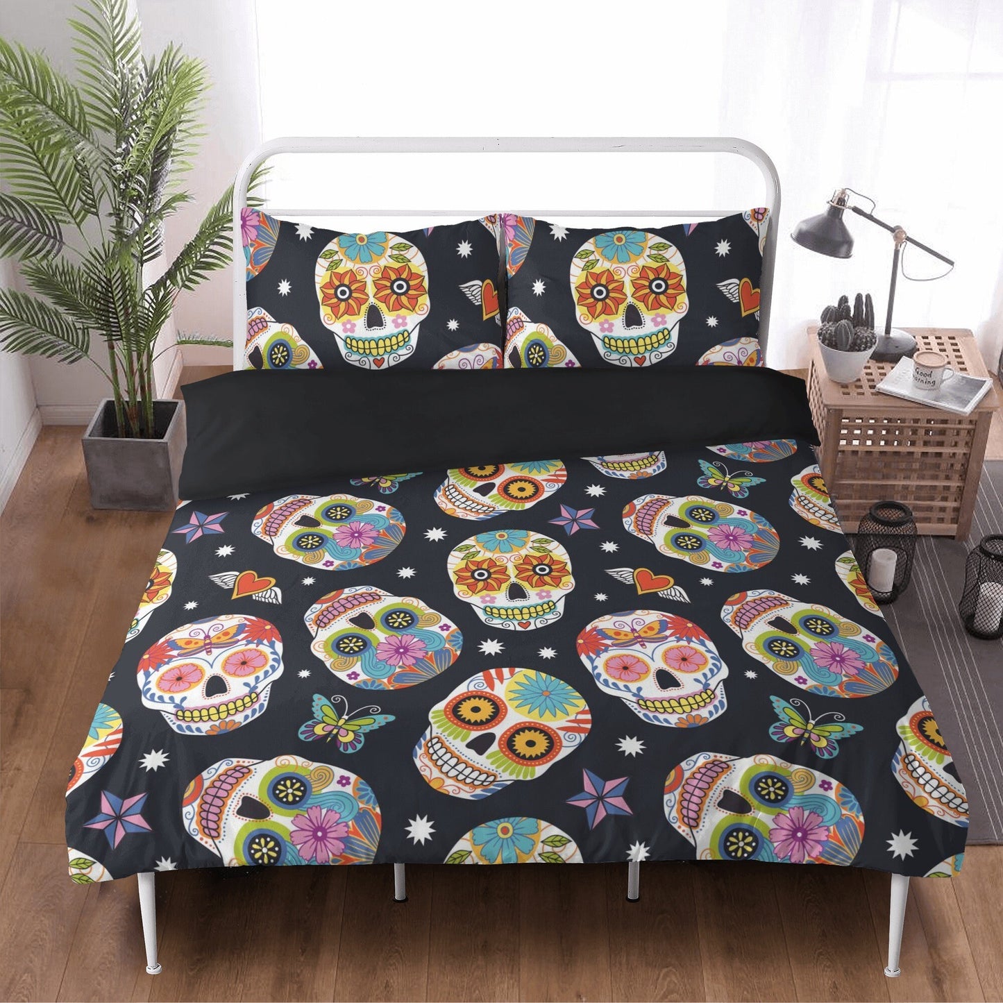 4pcs candy skull bedding duvet cover set, dia de los muertos skull bedding set, Mexican calaveras floral skull duvet cover pillow covers