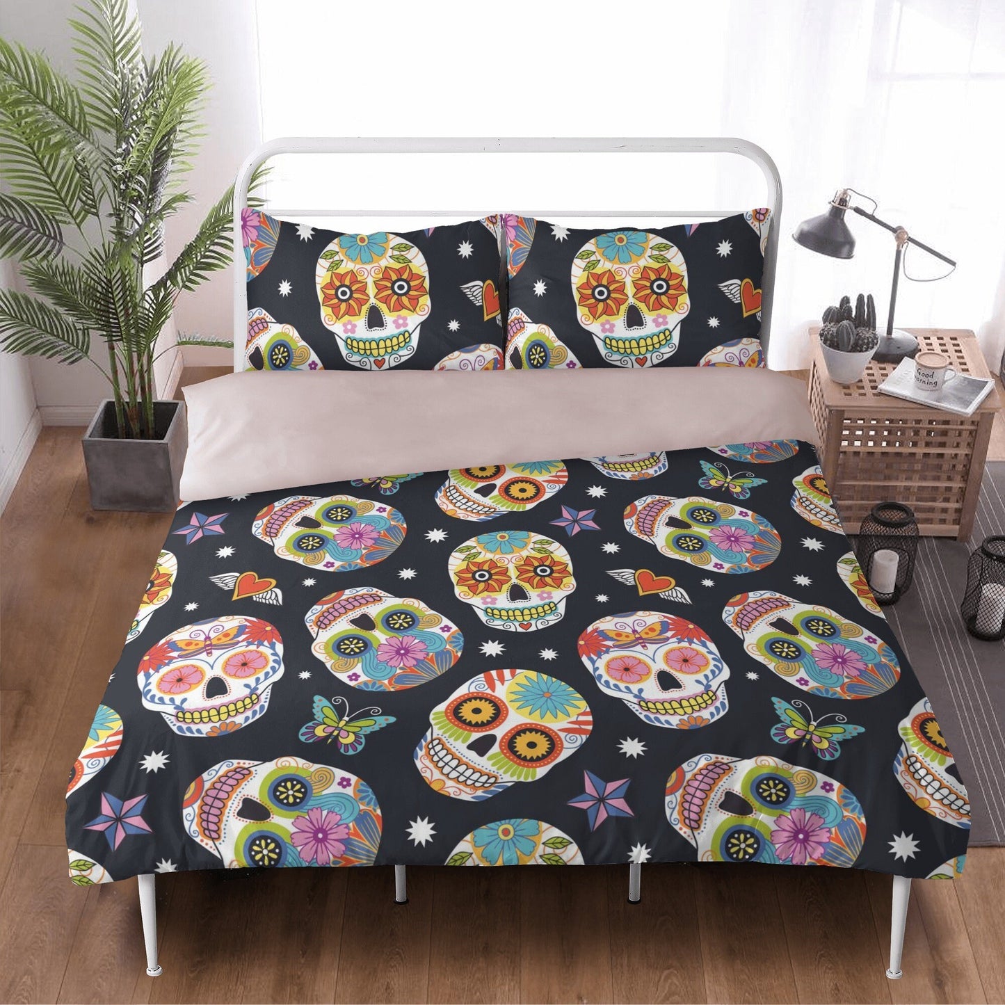 4pcs candy skull bedding duvet cover set, dia de los muertos skull bedding set, Mexican calaveras floral skull duvet cover pillow covers