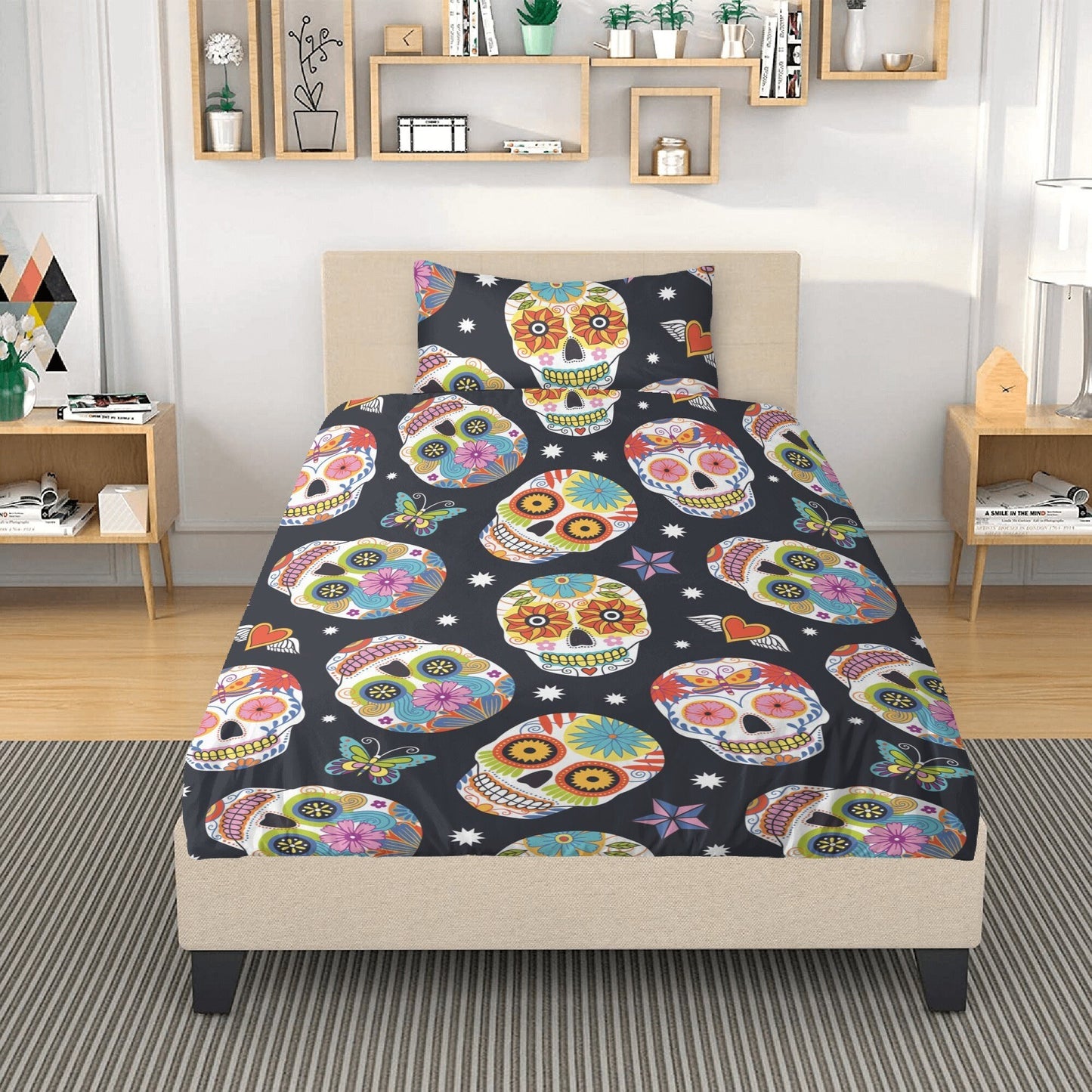 4pcs candy skull bedding duvet cover set, dia de los muertos skull bedding set, Mexican calaveras floral skull duvet cover pillow covers