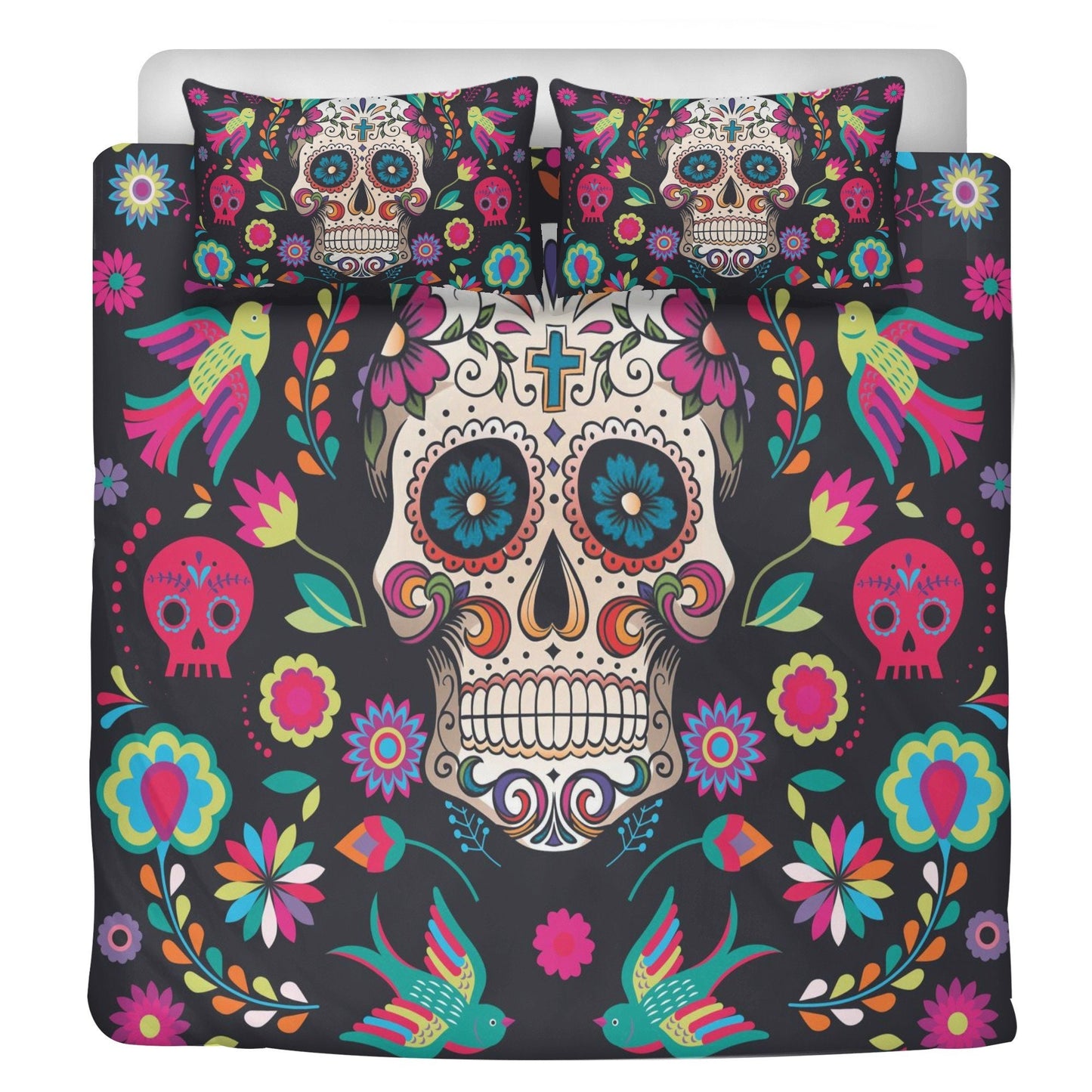 4pcs candy skull bedding duvet cover set, dia de los muertos skull bedding set, Mexican calaveras floral skull duvet cover pillow covers