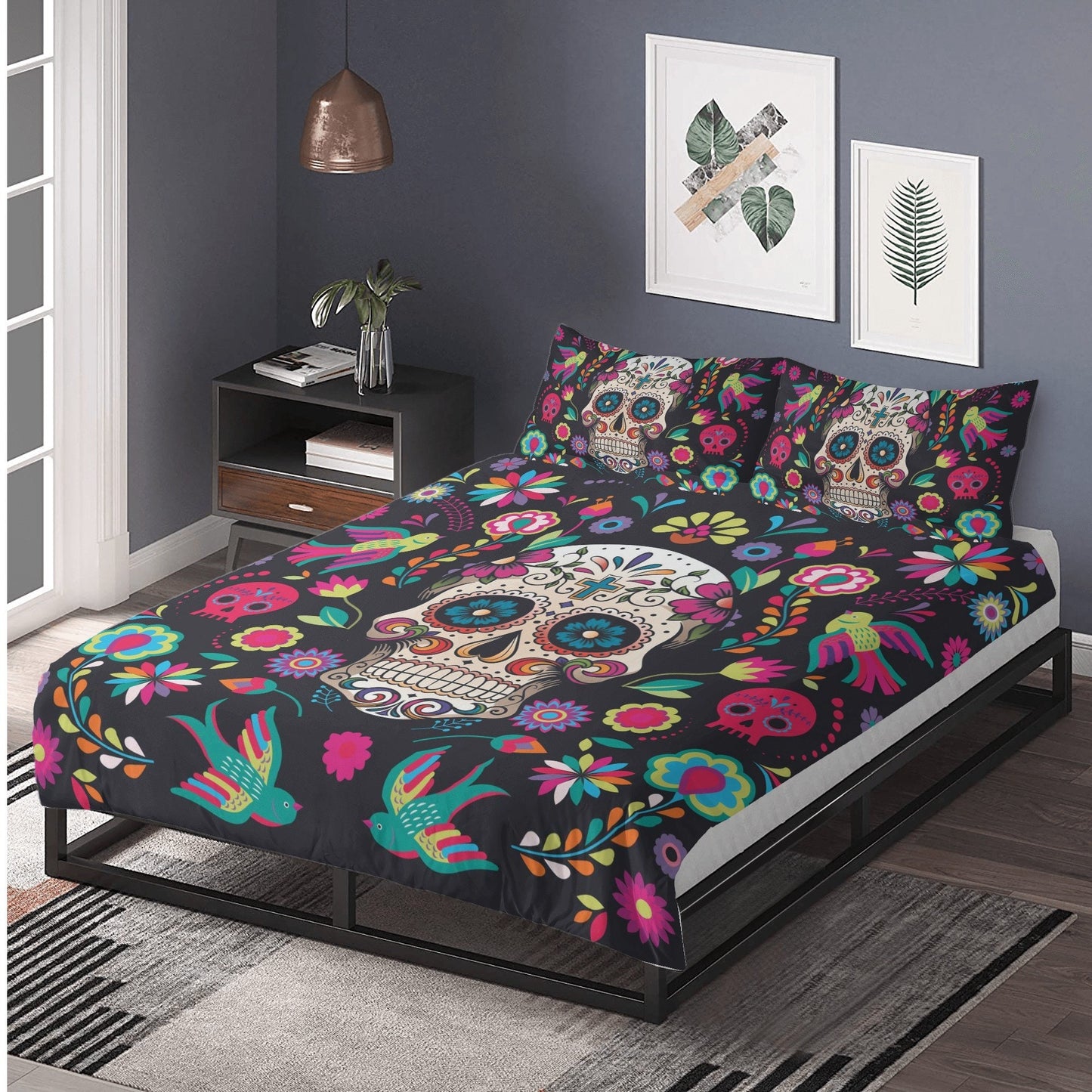 4pcs candy skull bedding duvet cover set, dia de los muertos skull bedding set, Mexican calaveras floral skull duvet cover pillow covers