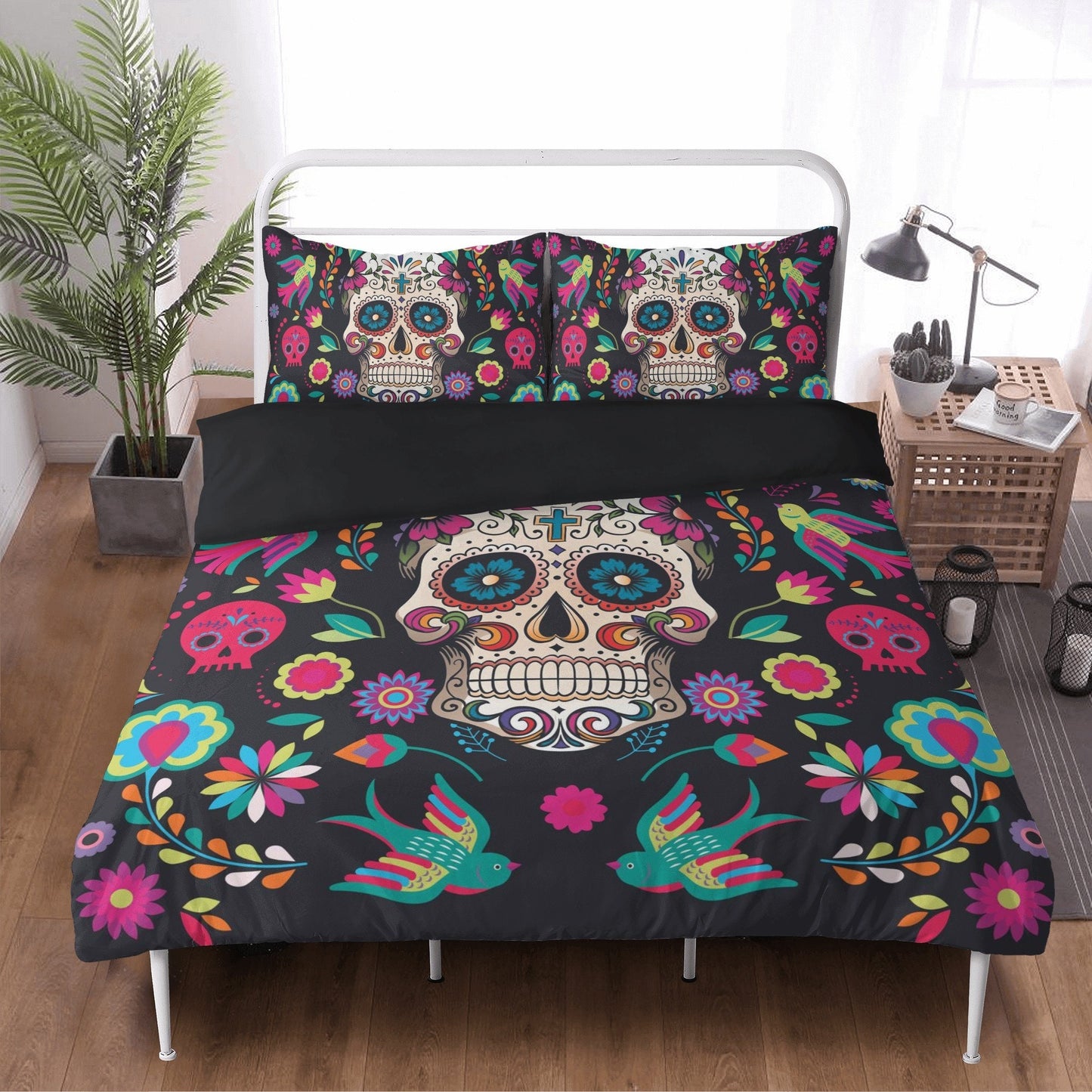 4pcs candy skull bedding duvet cover set, dia de los muertos skull bedding set, Mexican calaveras floral skull duvet cover pillow covers