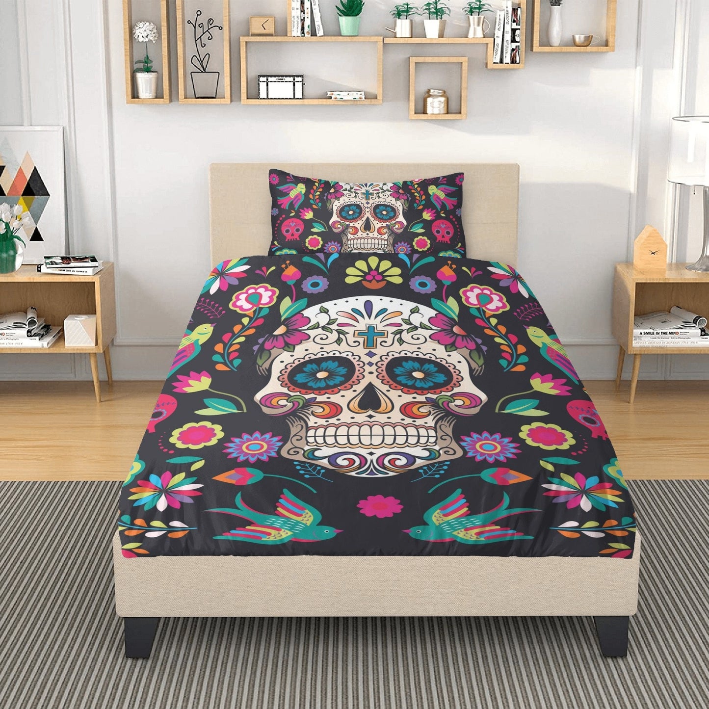 4pcs candy skull bedding duvet cover set, dia de los muertos skull bedding set, Mexican calaveras floral skull duvet cover pillow covers