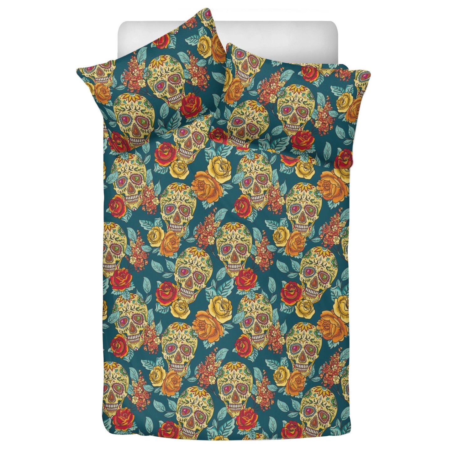 4pcs candy skull bedding duvet cover set, dia de los muertos skull bedding set, Mexican calaveras floral skull duvet cover pillow covers