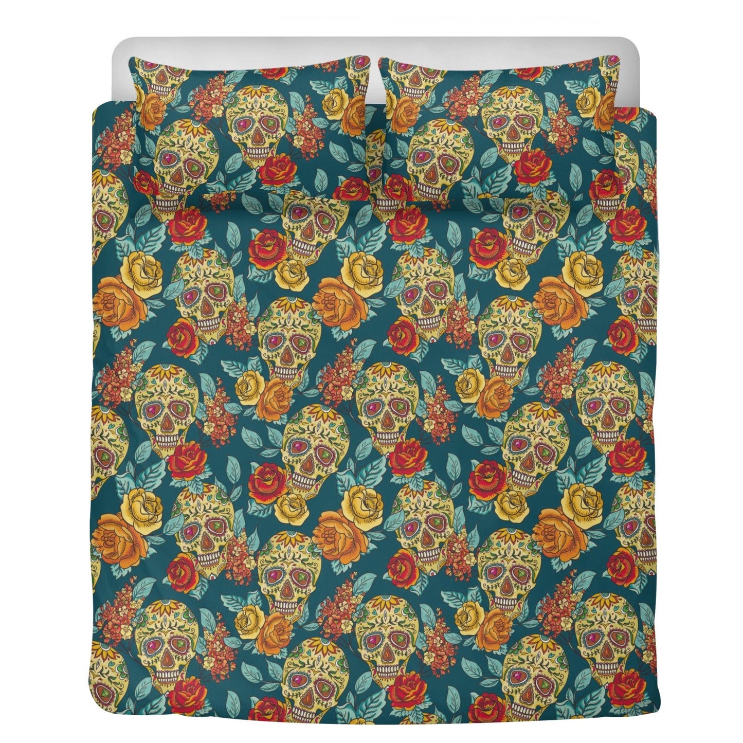 4pcs candy skull bedding duvet cover set, dia de los muertos skull bedding set, Mexican calaveras floral skull duvet cover pillow covers