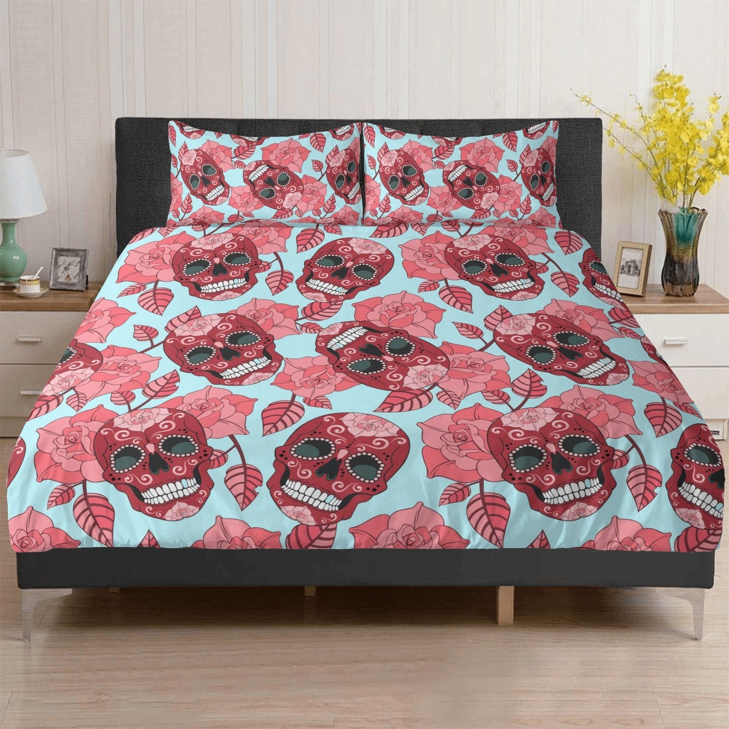 4pcs candy skull bedding set, skull duvet cover set, dia de los muertos skull bedding set, Mexican floral skull duvet cover pillow covers