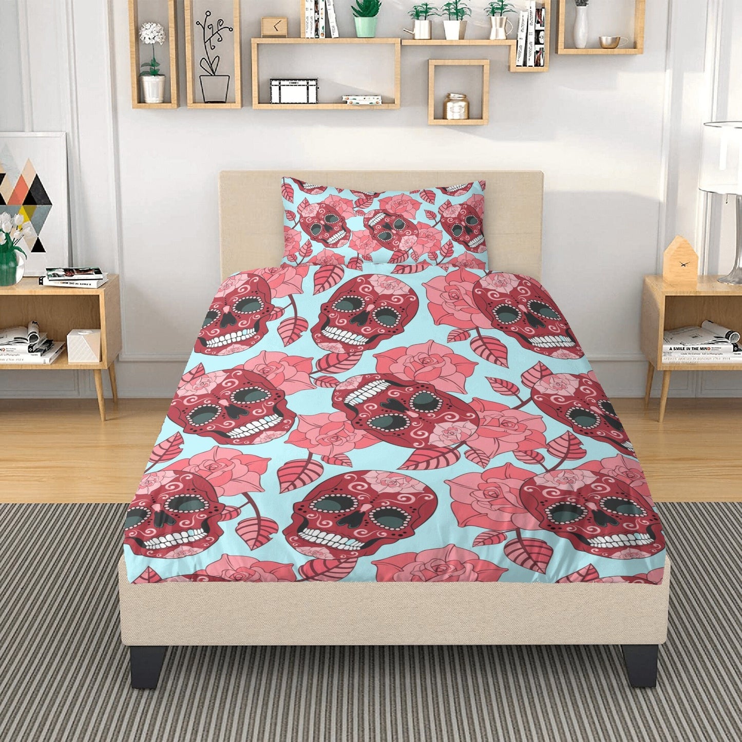 4pcs candy skull bedding set, skull duvet cover set, dia de los muertos skull bedding set, Mexican floral skull duvet cover pillow covers
