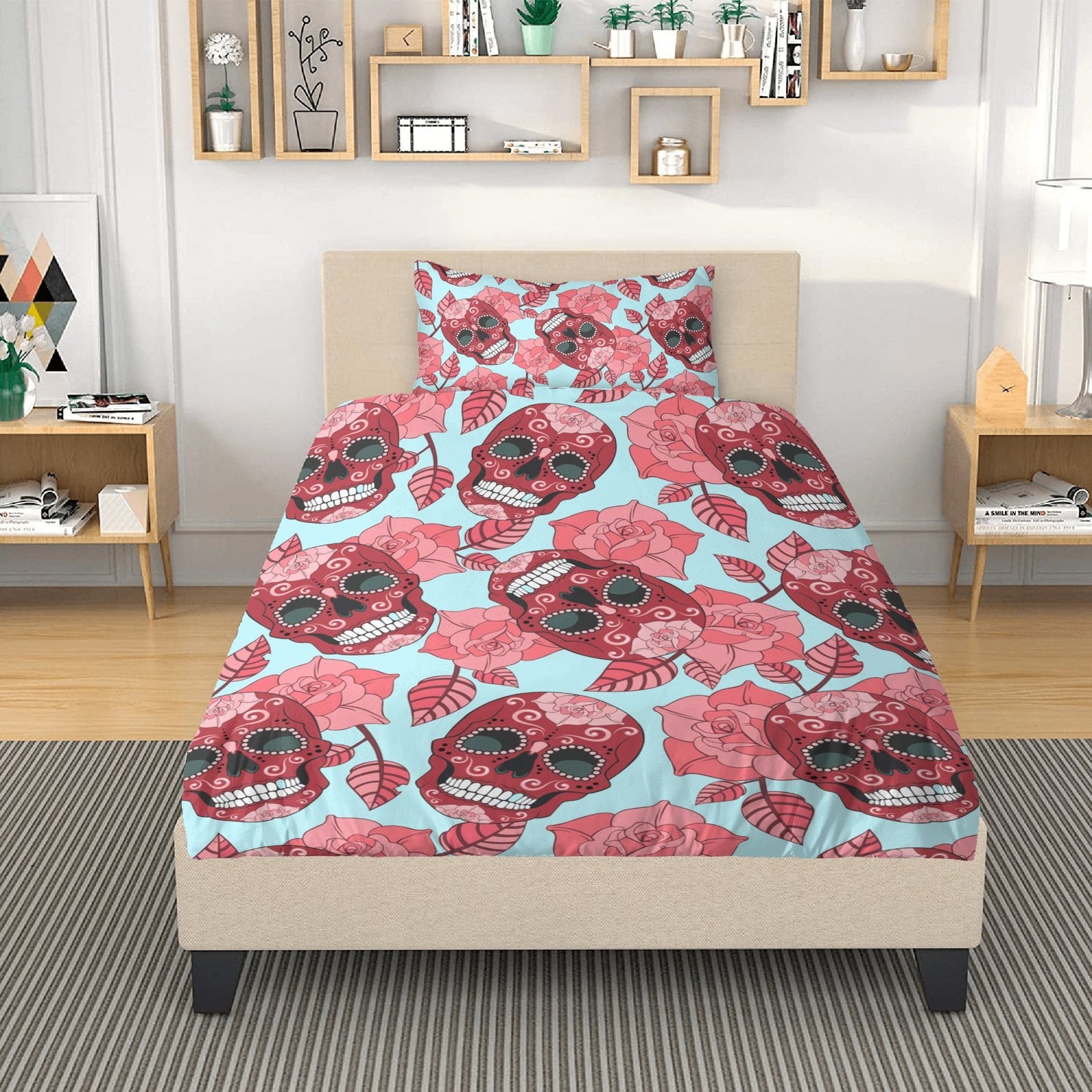 4pcs candy skull bedding set, skull duvet cover set, dia de los muertos skull bedding set, Mexican floral skull duvet cover pillow covers