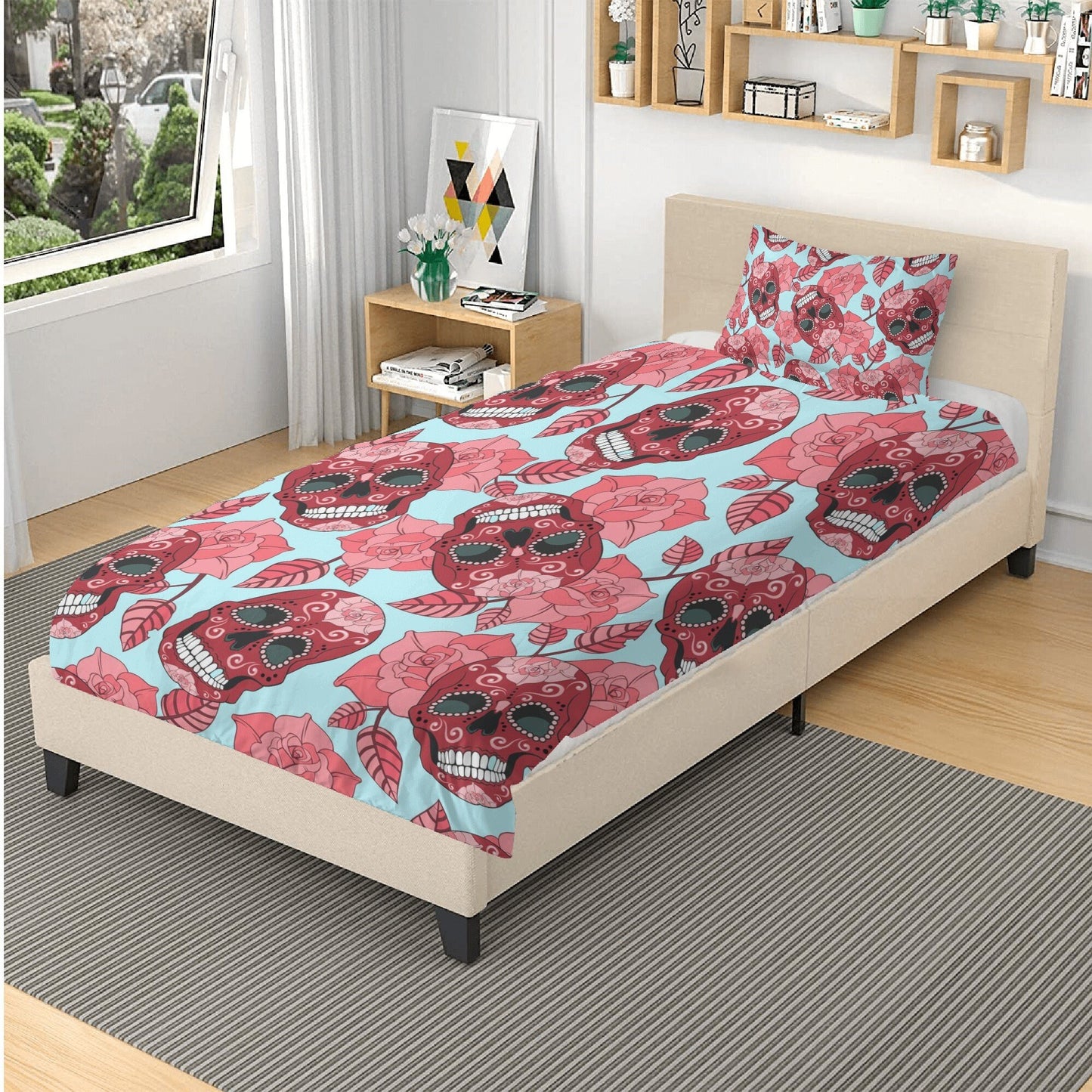 4pcs candy skull bedding set, skull duvet cover set, dia de los muertos skull bedding set, Mexican floral skull duvet cover pillow covers