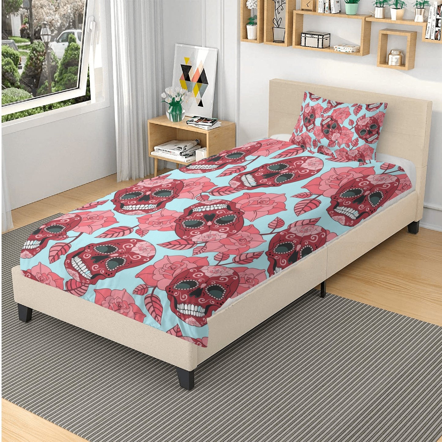 4pcs candy skull bedding set, skull duvet cover set, dia de los muertos skull bedding set, Mexican floral skull duvet cover pillow covers