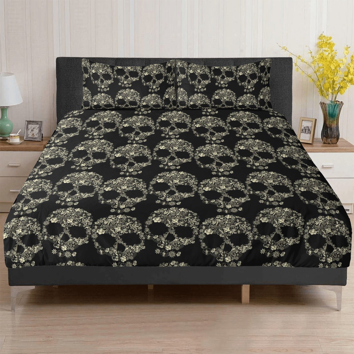 4pcs candy skull bedding set, skull duvet cover set, dia de los muertos skull bedding set, Halloween floral skull duvet cover pillow covers