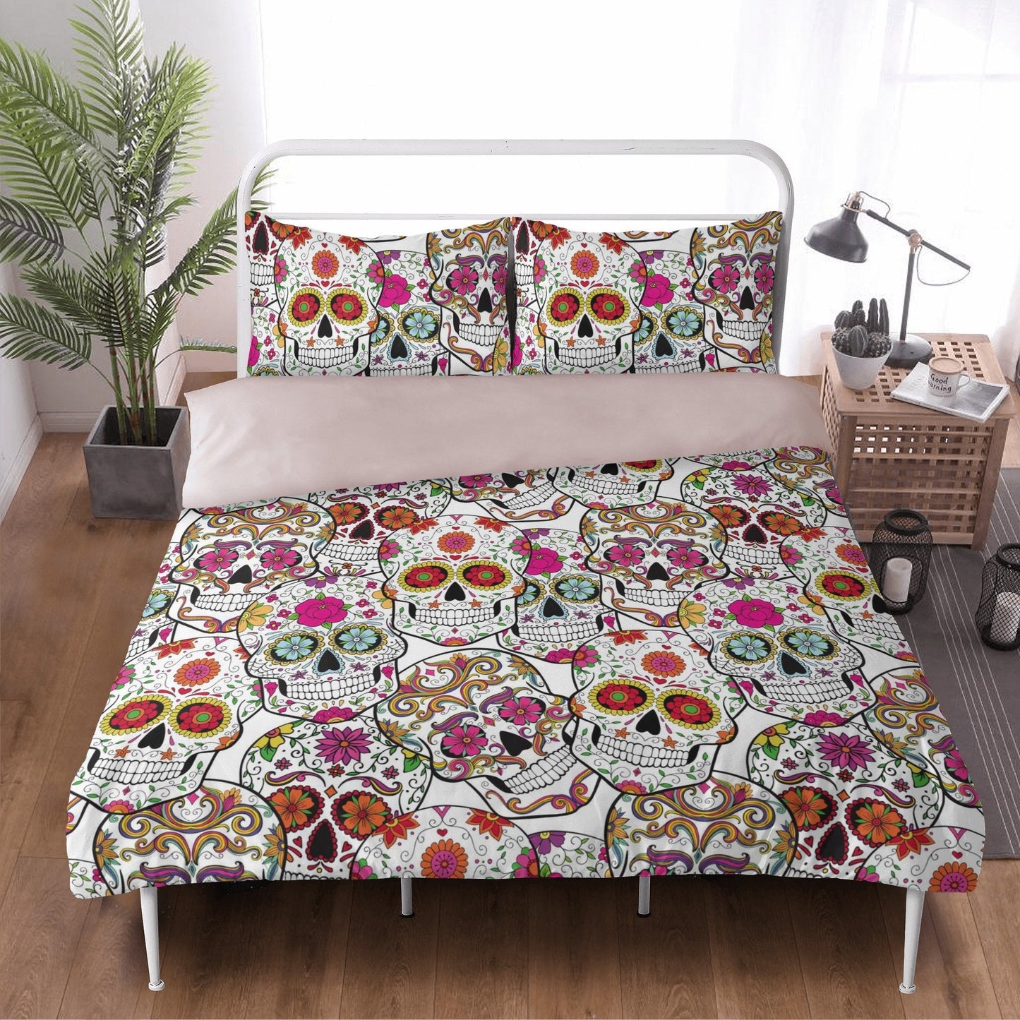 4pcs candy skull bedding set, skull duvet cover set, dia de los muertos skull bedding set, Halloween floral skull duvet cover pillow covers