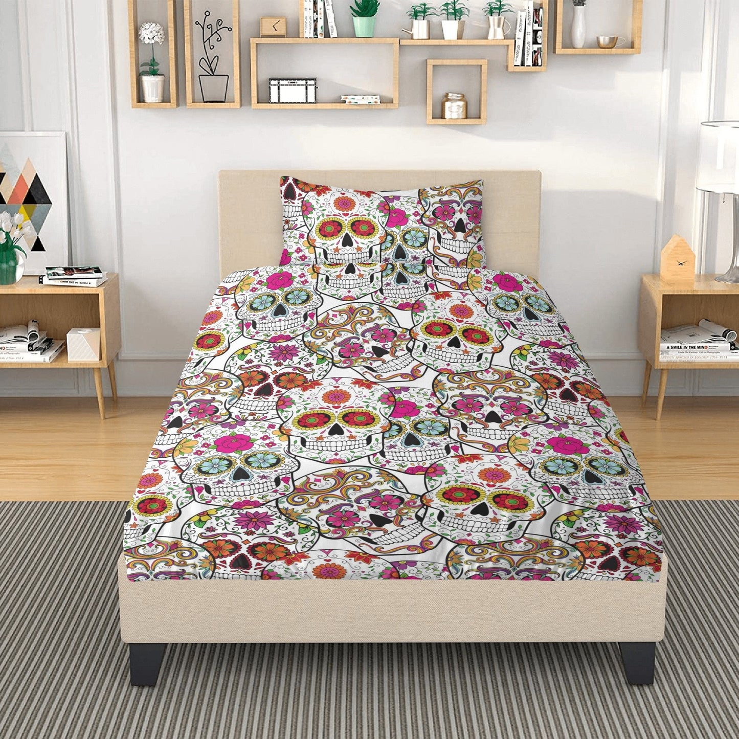 4pcs candy skull bedding set, skull duvet cover set, dia de los muertos skull bedding set, Halloween floral skull duvet cover pillow covers