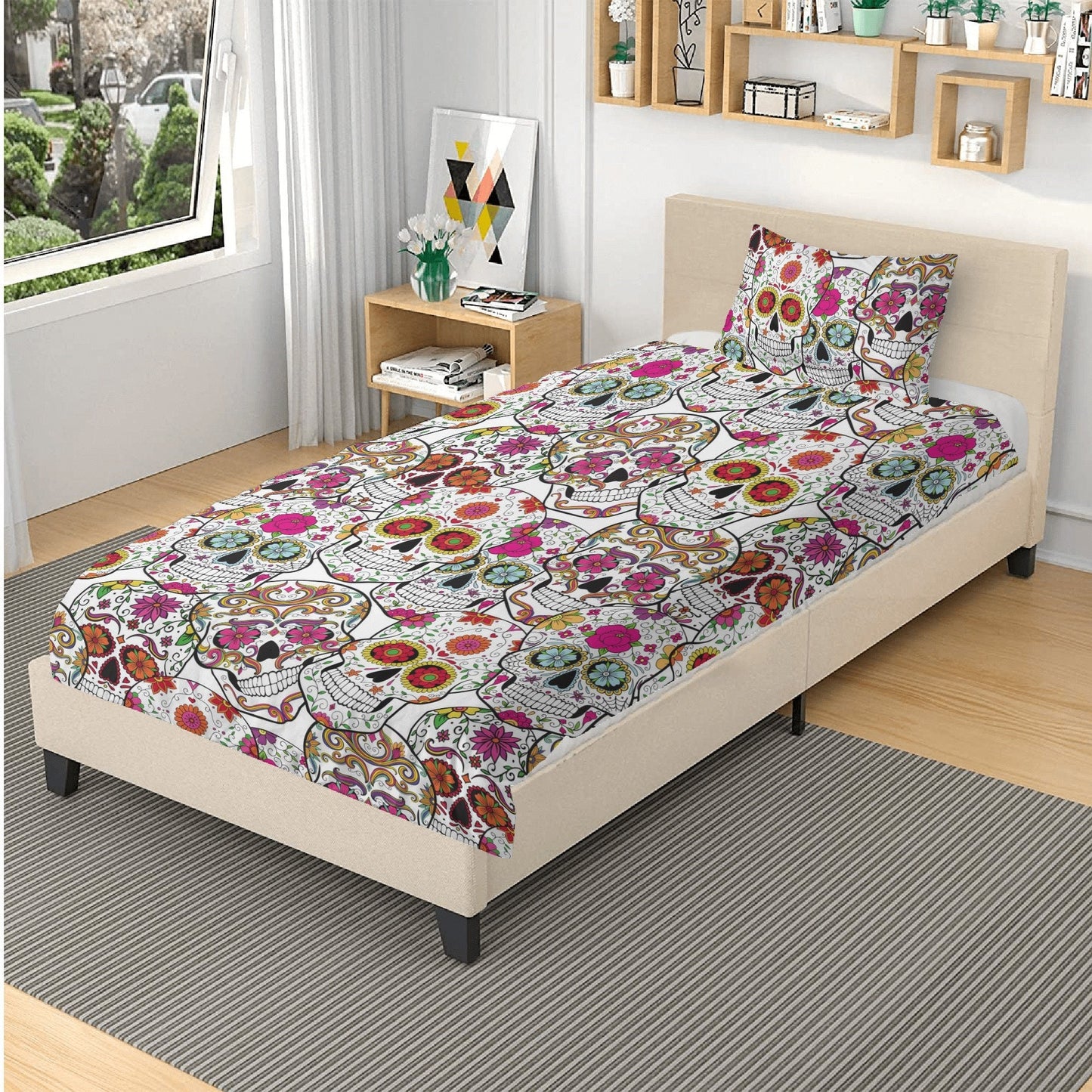 4pcs candy skull bedding set, skull duvet cover set, dia de los muertos skull bedding set, Halloween floral skull duvet cover pillow covers