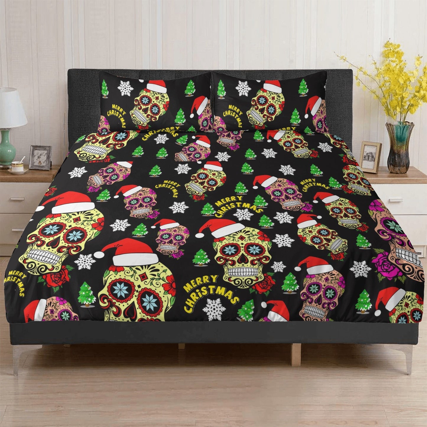 4pcs Christmas skull bedding set, Mery Xmas sugar skull duvet cover set dia de los muertos skull bedding set skull duvet cover pillow covers