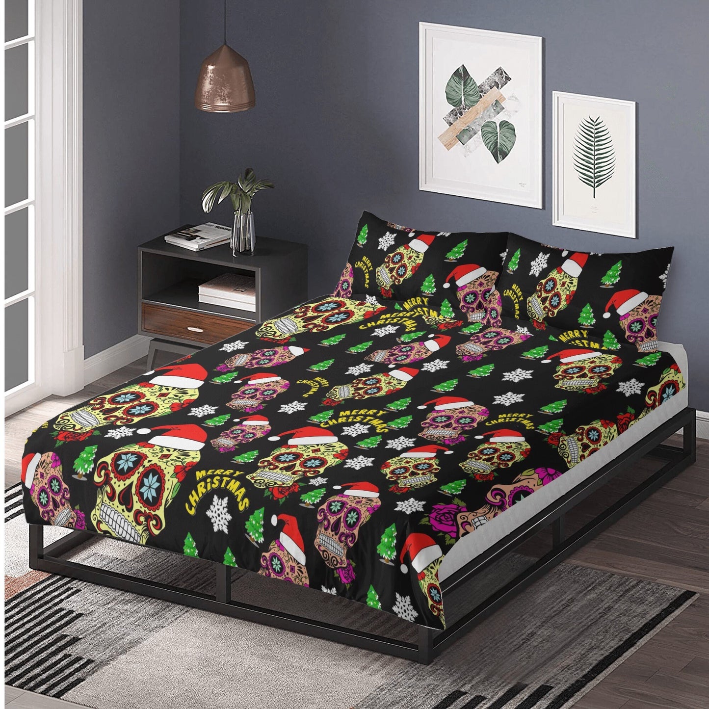 4pcs Christmas skull bedding set, Mery Xmas sugar skull duvet cover set dia de los muertos skull bedding set skull duvet cover pillow covers
