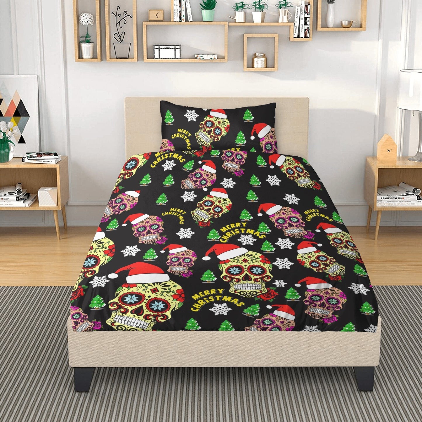 4pcs Christmas skull bedding set, Mery Xmas sugar skull duvet cover set dia de los muertos skull bedding set skull duvet cover pillow covers