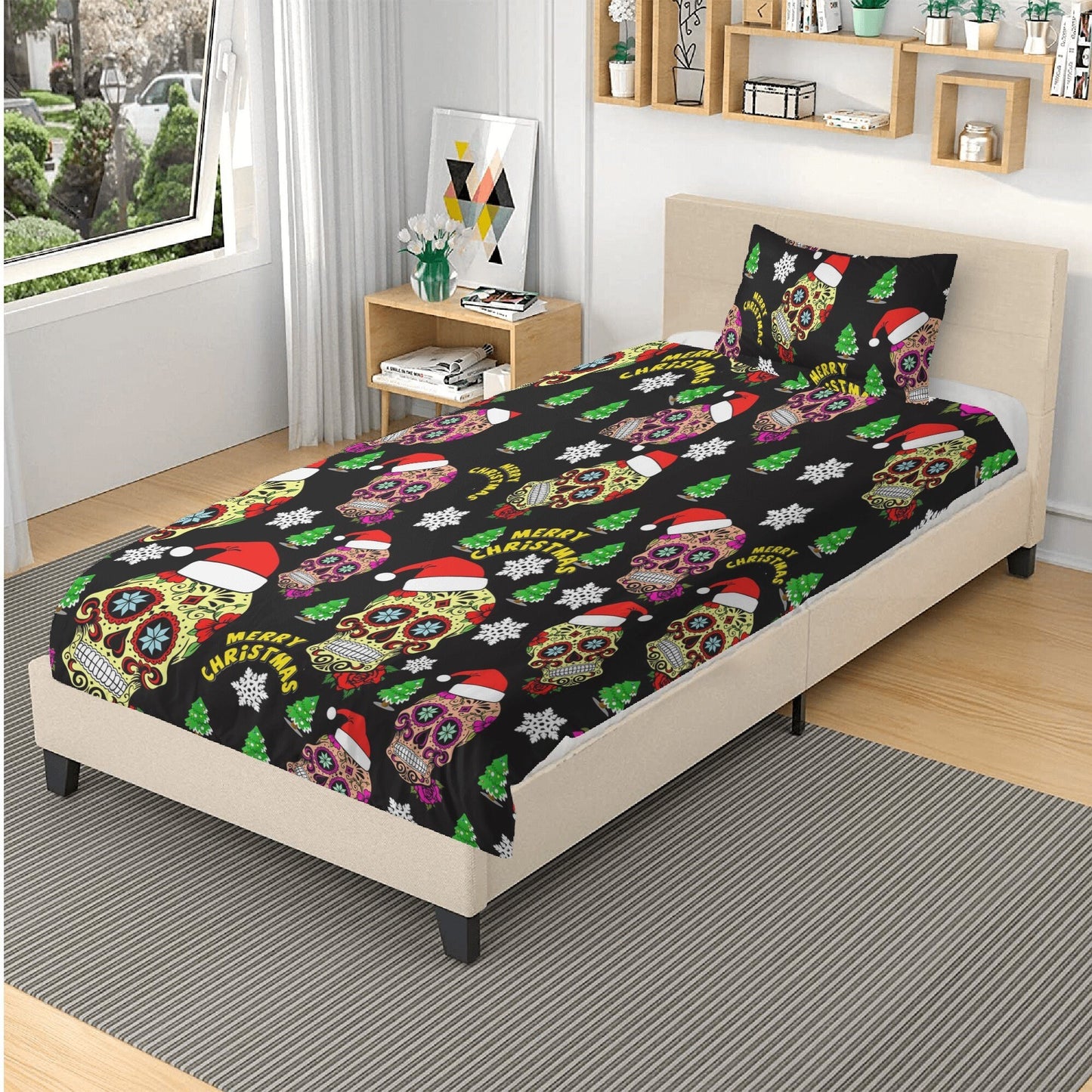 4pcs Christmas skull bedding set, Mery Xmas sugar skull duvet cover set dia de los muertos skull bedding set skull duvet cover pillow covers