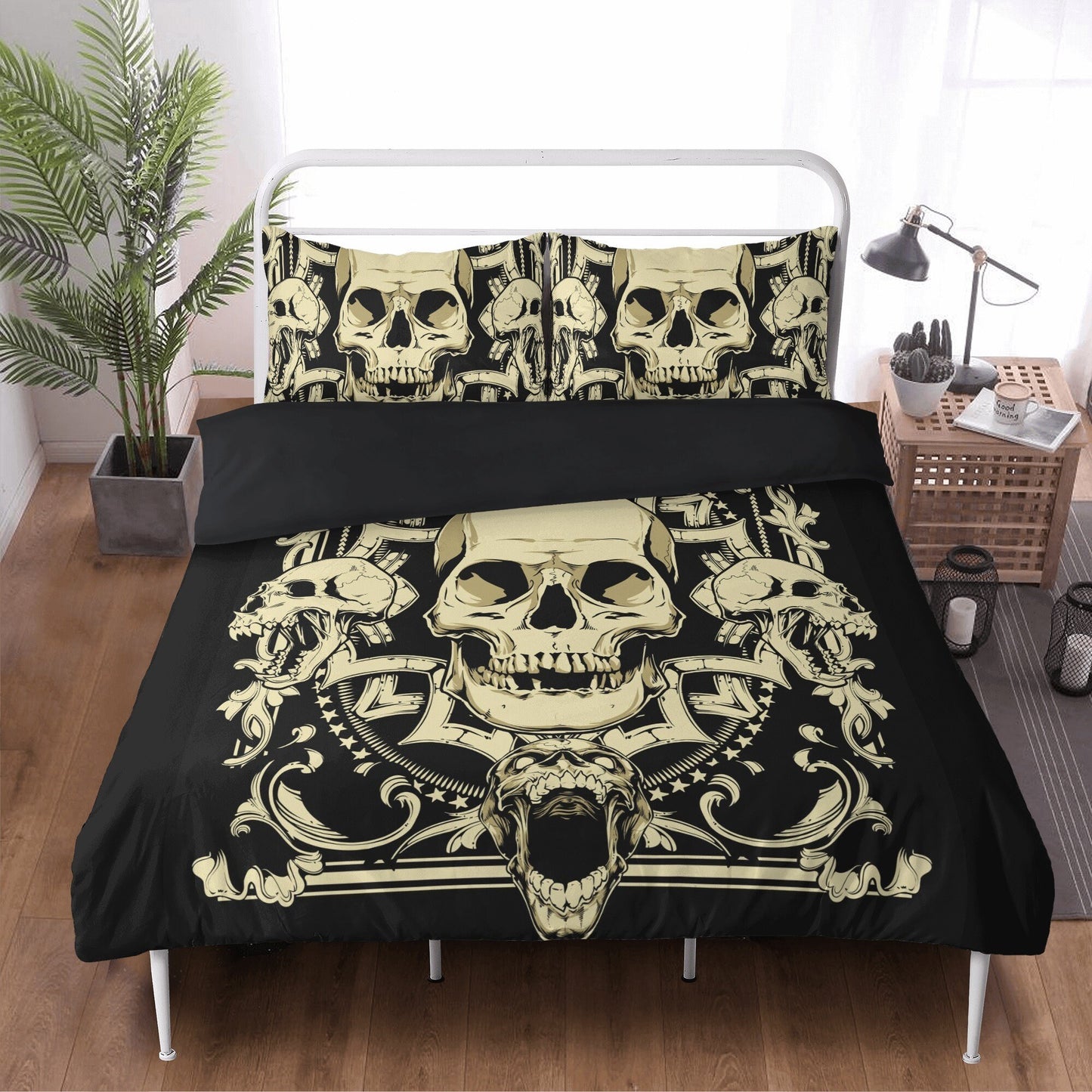 4pcs Horror skull bedding set, Gothic skeleton duvet cover set, Halloween skull bedding set, Grim reaper skull duvet cover pillow covers