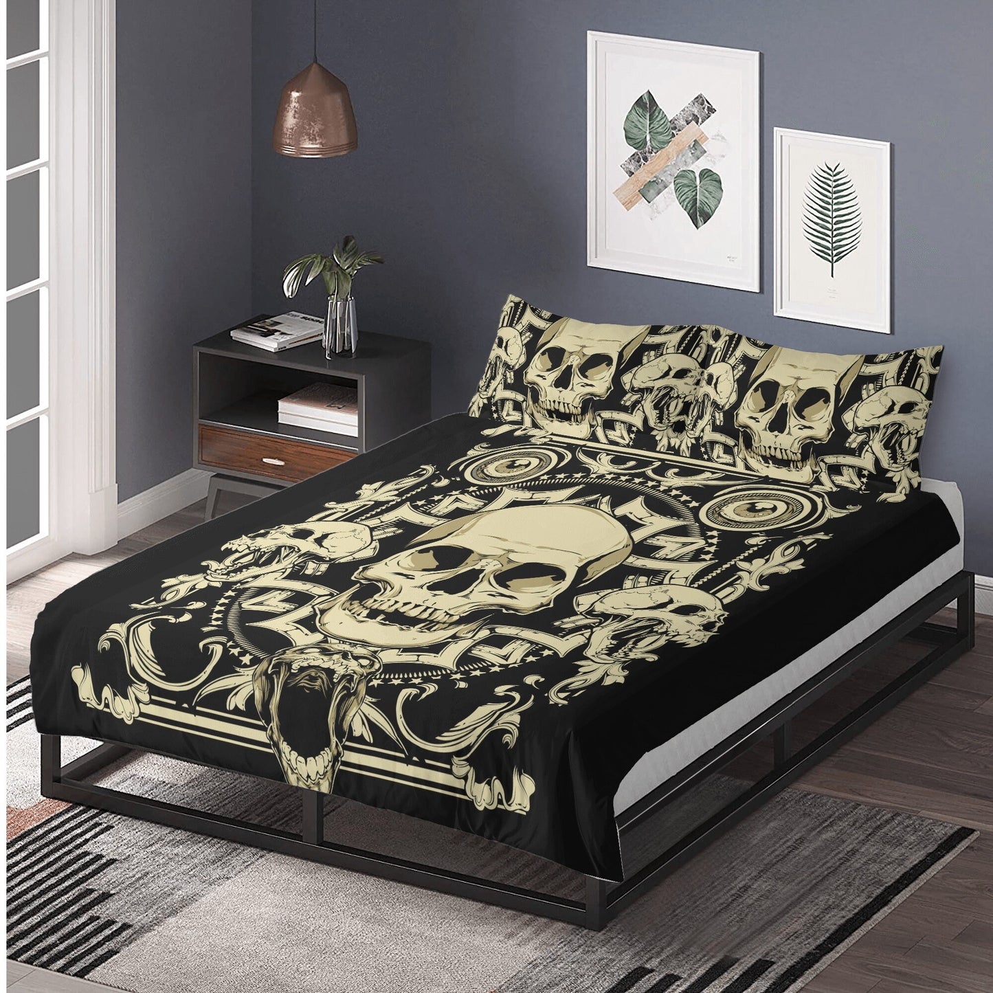 4pcs Horror skull bedding set, Gothic skeleton duvet cover set, Halloween skull bedding set, Grim reaper skull duvet cover pillow covers
