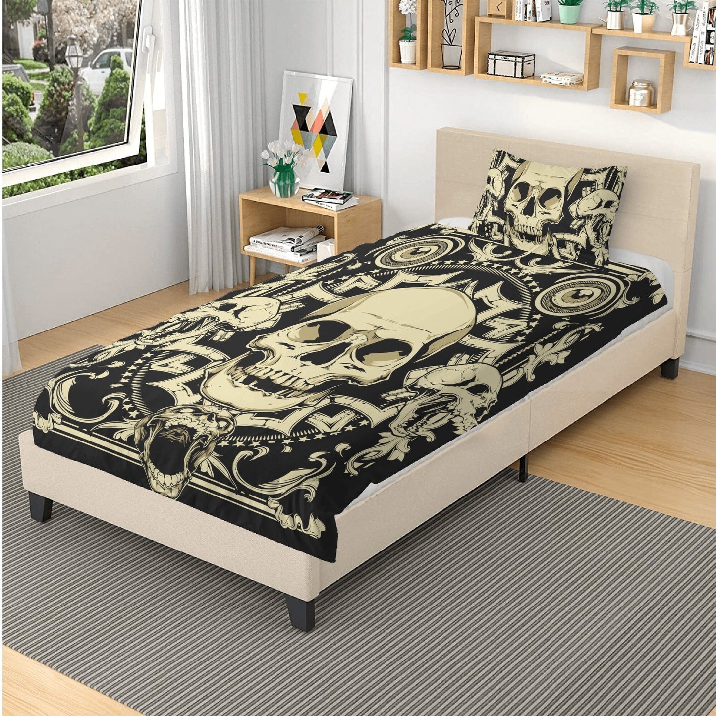 4pcs Horror skull bedding set, Gothic skeleton duvet cover set, Halloween skull bedding set, Grim reaper skull duvet cover pillow covers