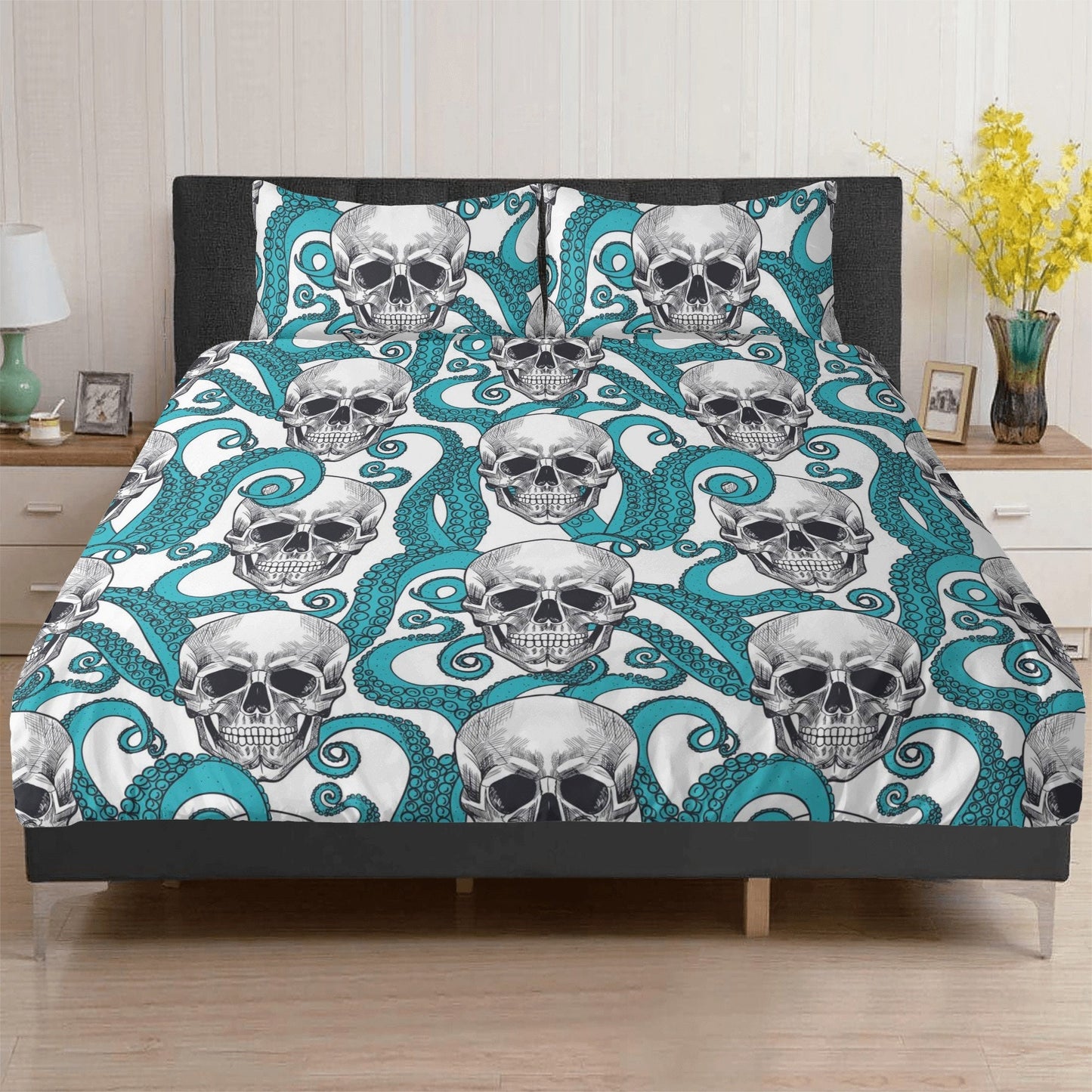 4pcs Horror skull bedding set, Gothic skeleton duvet cover set, Halloween skull bedding set, Grim reaper skull duvet cover pillow covers
