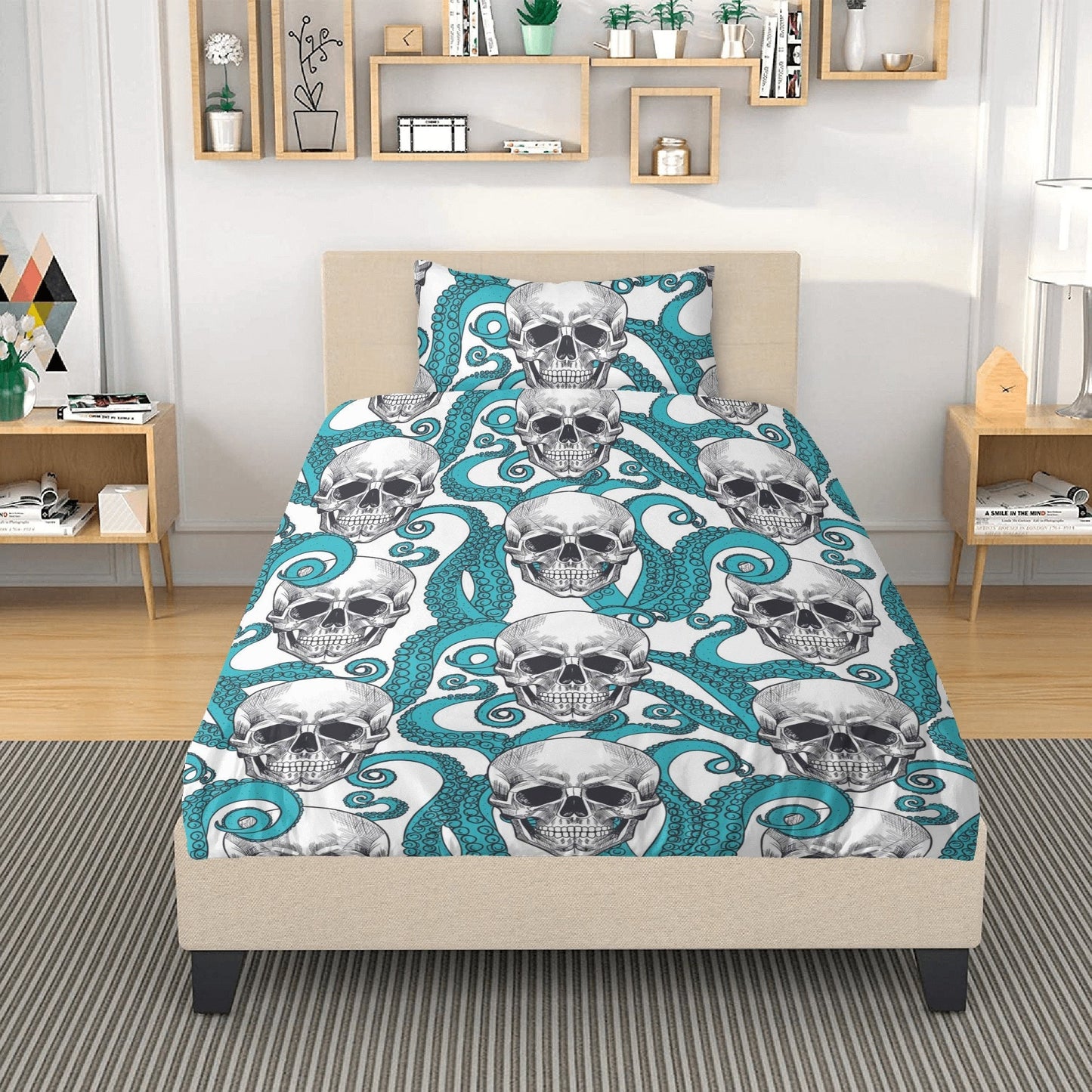 4pcs Horror skull bedding set, Gothic skeleton duvet cover set, Halloween skull bedding set, Grim reaper skull duvet cover pillow covers