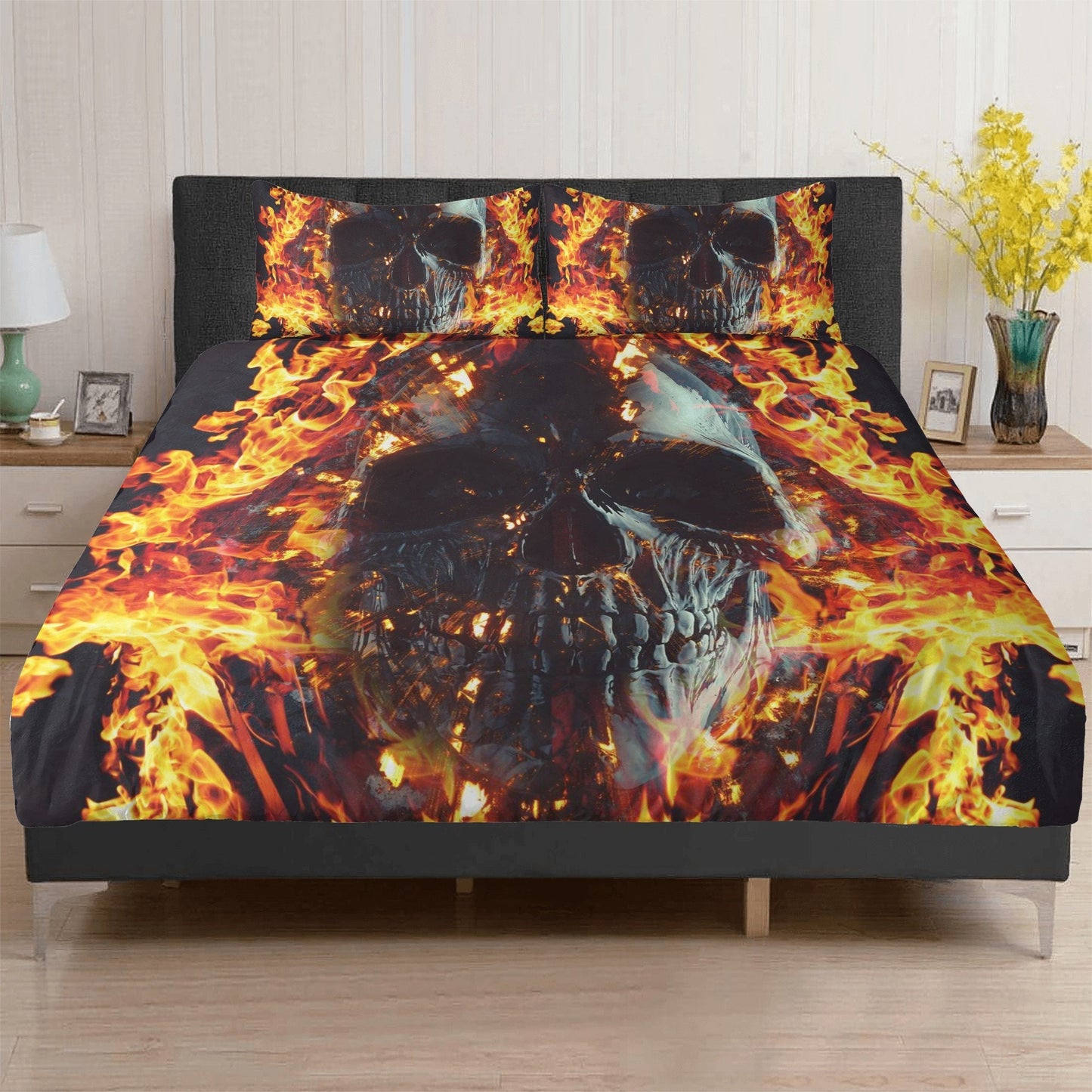 4pcs Flaming skull bedding set, Fire skull skeleton duvet cover set, Halloween skull bedding set Grim reaper skull duvet cover pillow covers