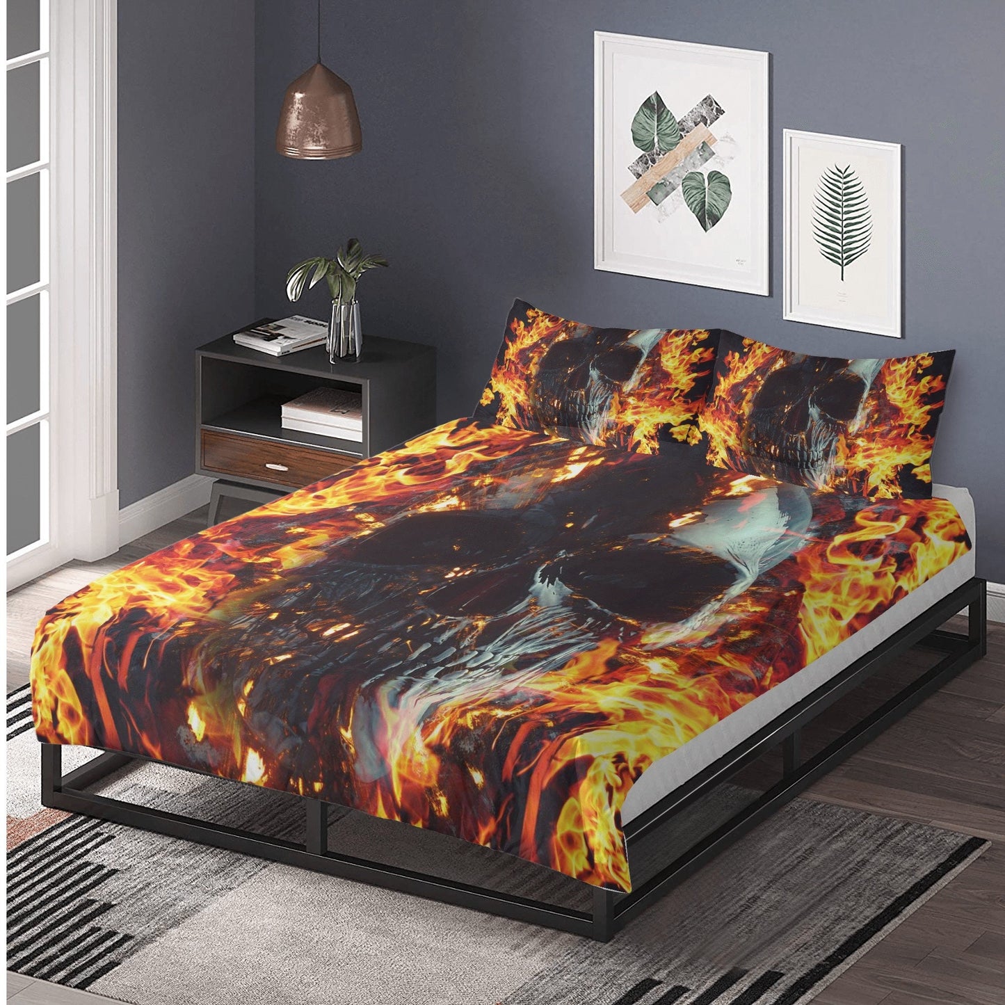 4pcs Flaming skull bedding set, Fire skull skeleton duvet cover set, Halloween skull bedding set Grim reaper skull duvet cover pillow covers
