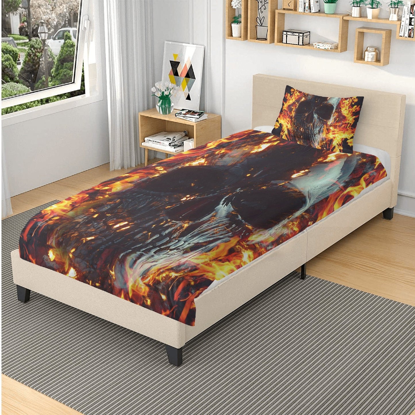 4pcs Flaming skull bedding set, Fire skull skeleton duvet cover set, Halloween skull bedding set Grim reaper skull duvet cover pillow covers