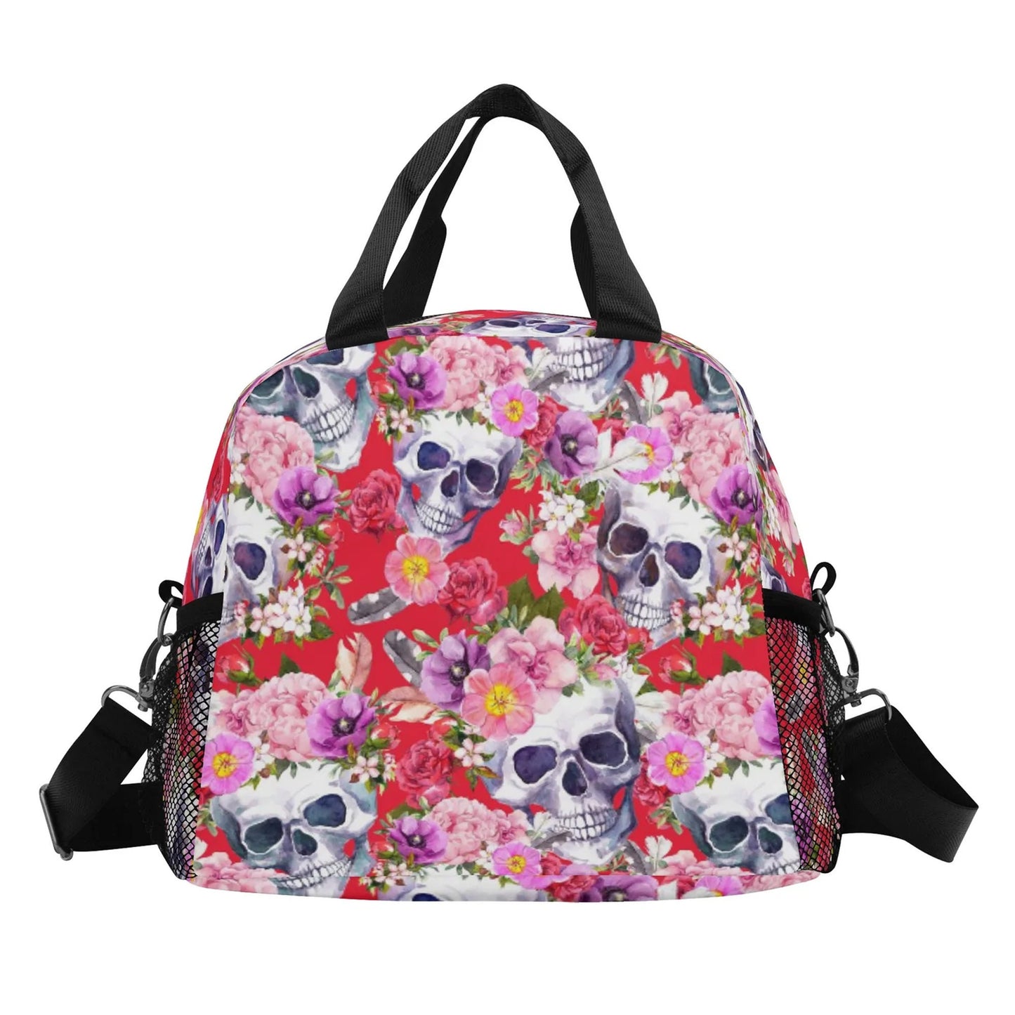 Floral skull lunch bag, day of the dead lunch bag, rose skull lunch box, skeleton lunch tote, day of the dead lunch tote, skull lunch bag