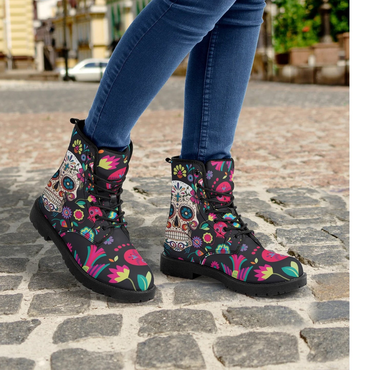 Sugar skull leather boots, day of the dead boots for men women sugar skull women's boots, candy skull women's boots, Calaveras leather boots