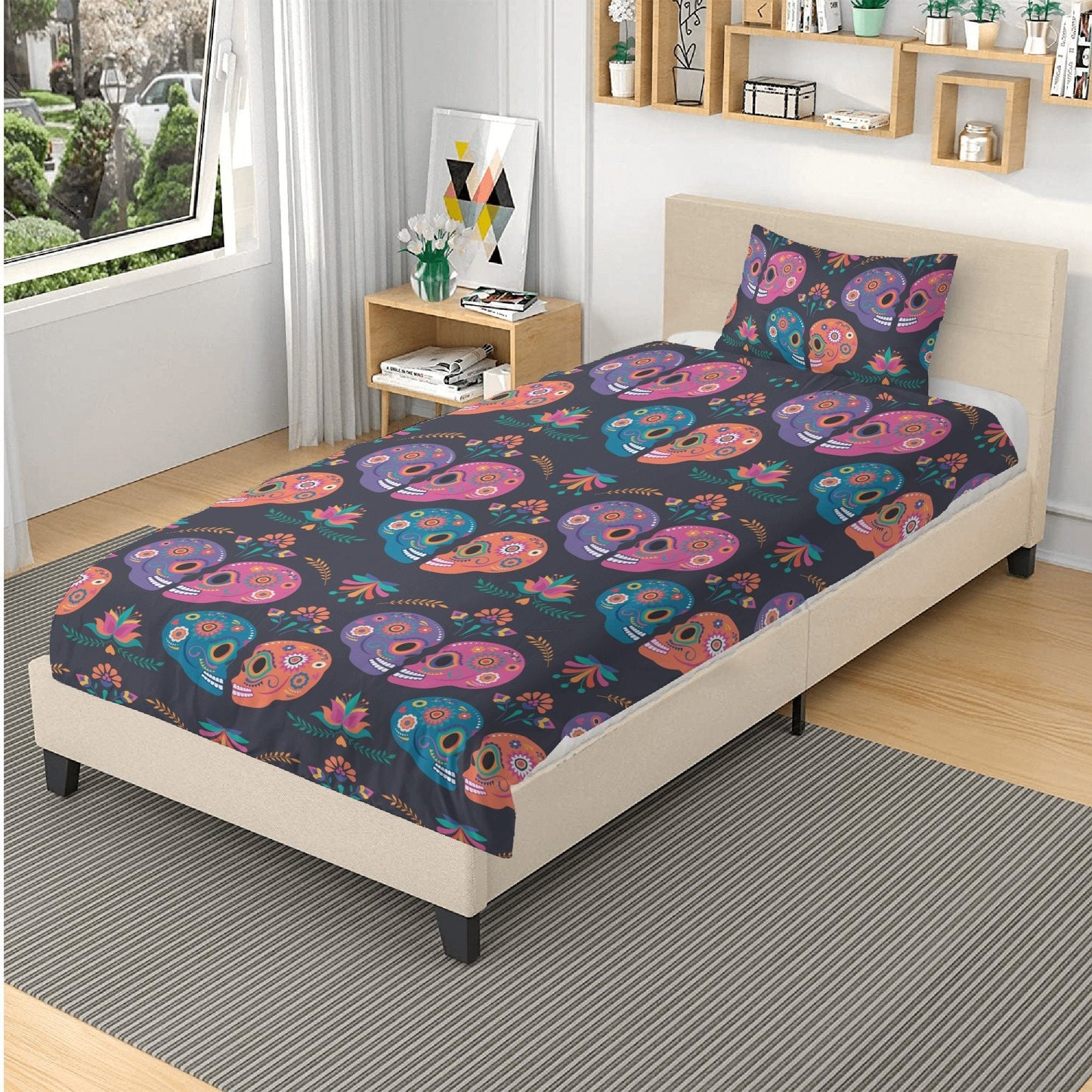 4pcs sugar skull bedding set, candy skull duvet cover set, day of the dead skull bedding set Halloween gothic skull duvet cover pillow cover