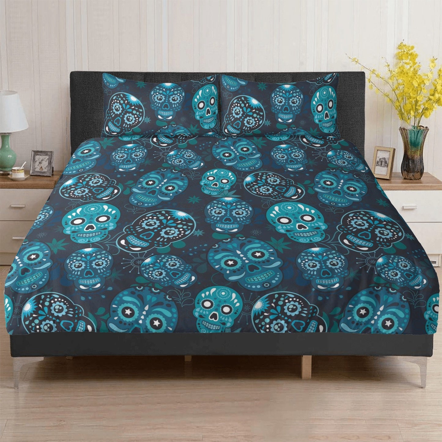 4pcs Mexican skull bedding duvet cover set, day of the dead skull bedding set, dia de los muertos sugar skull duvet cover set pillow covers