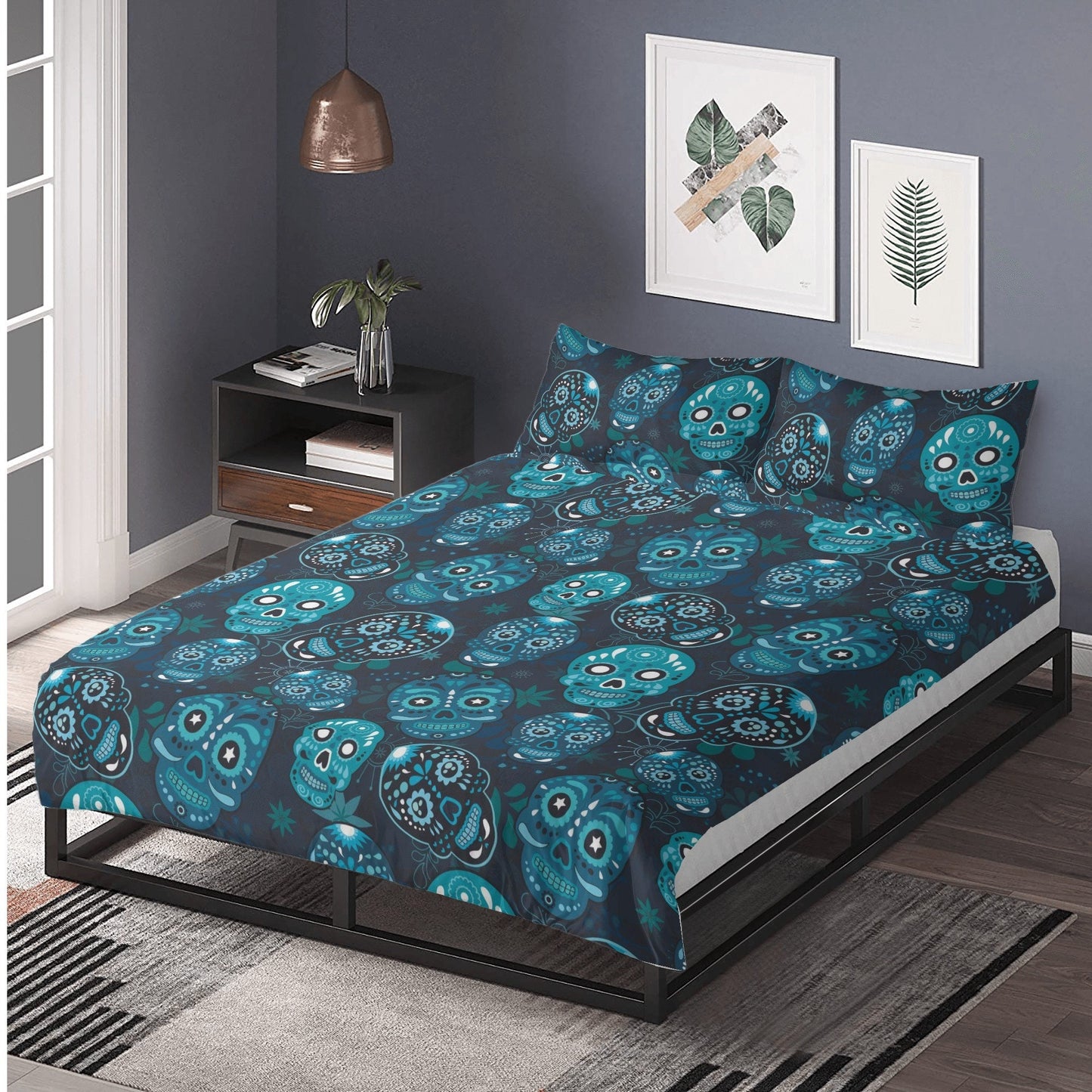 4pcs Mexican skull bedding duvet cover set, day of the dead skull bedding set, dia de los muertos sugar skull duvet cover set pillow covers