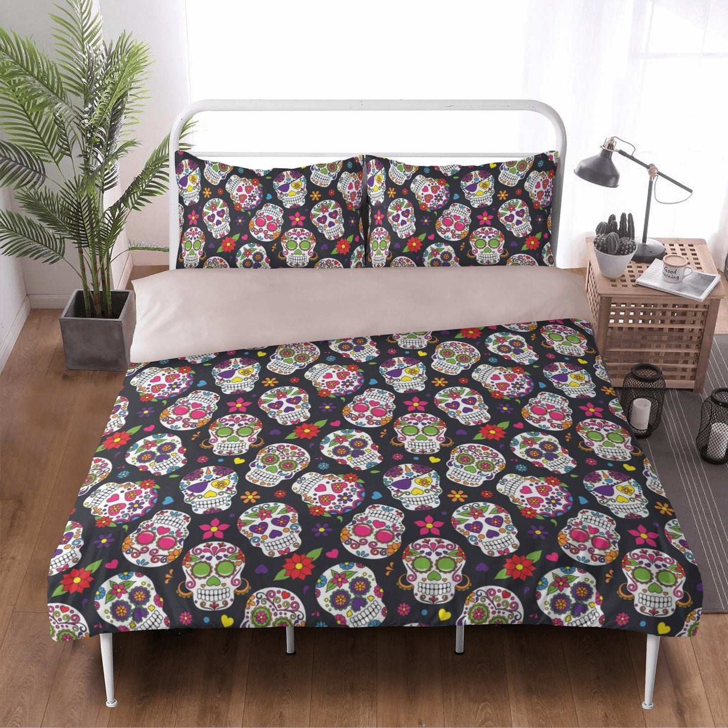 4pcs sugar skull bedding set, candy skull duvet cover set, day of the dead skull bedding set Halloween gothic skull duvet cover pillow cover