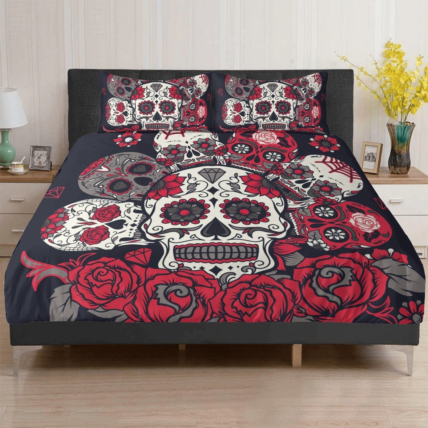 4pcs Floral sugar skull bedding duvet cover set, day of the dead skull candy skull bedding set, sugar skull duvet cover set pillow covers