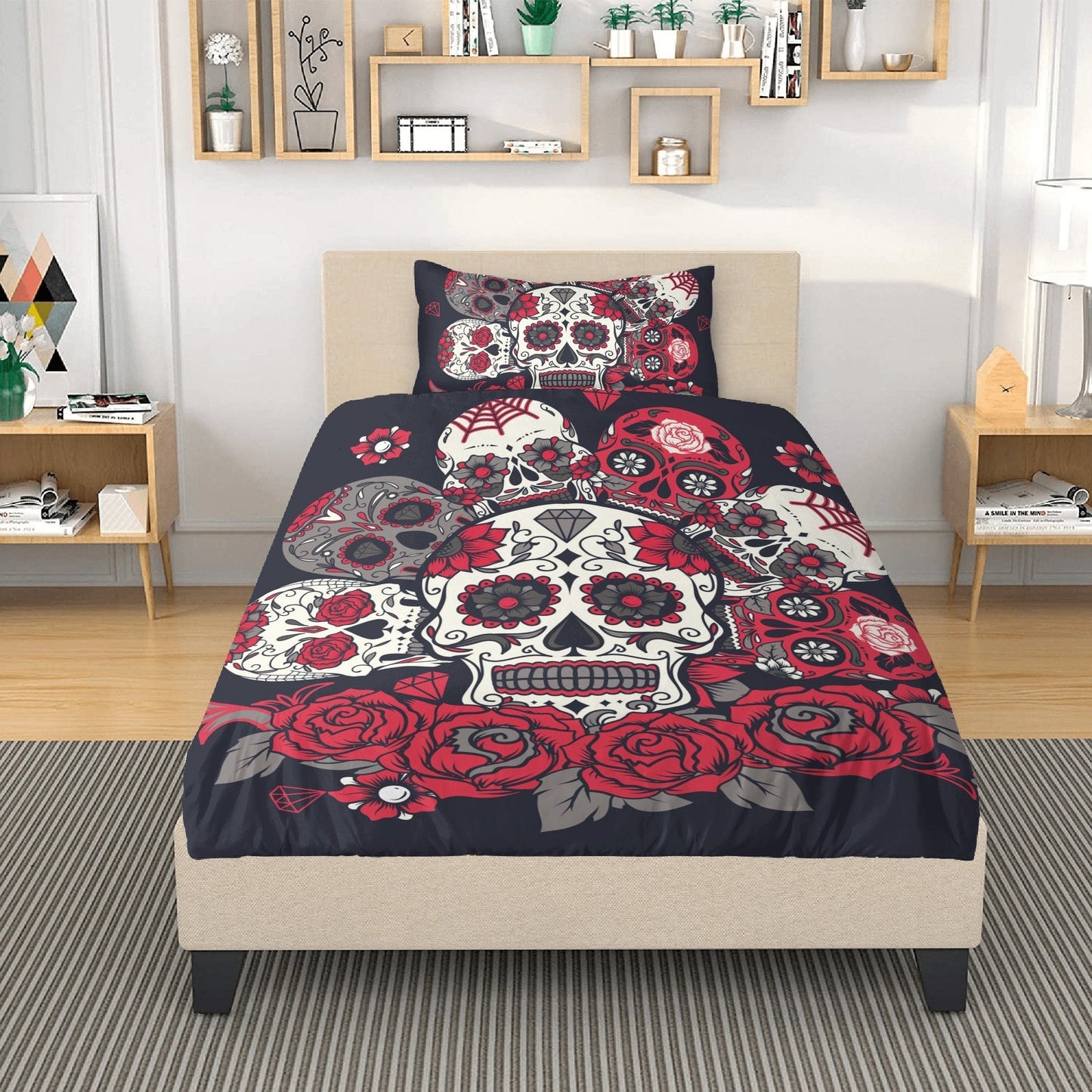 4pcs Floral sugar skull bedding duvet cover set, day of the dead skull candy skull bedding set, sugar skull duvet cover set pillow covers
