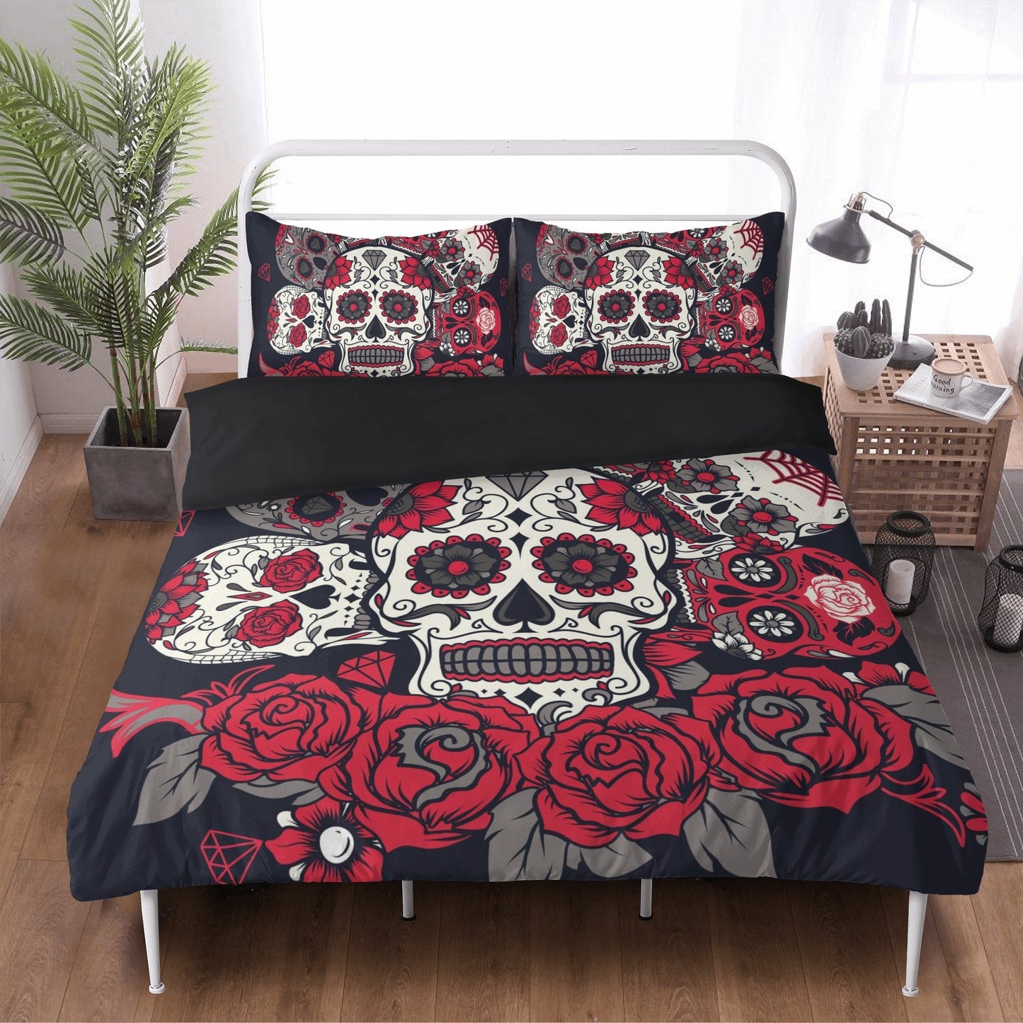 4pcs Floral sugar skull bedding duvet cover set, day of the dead skull candy skull bedding set, sugar skull duvet cover set pillow covers