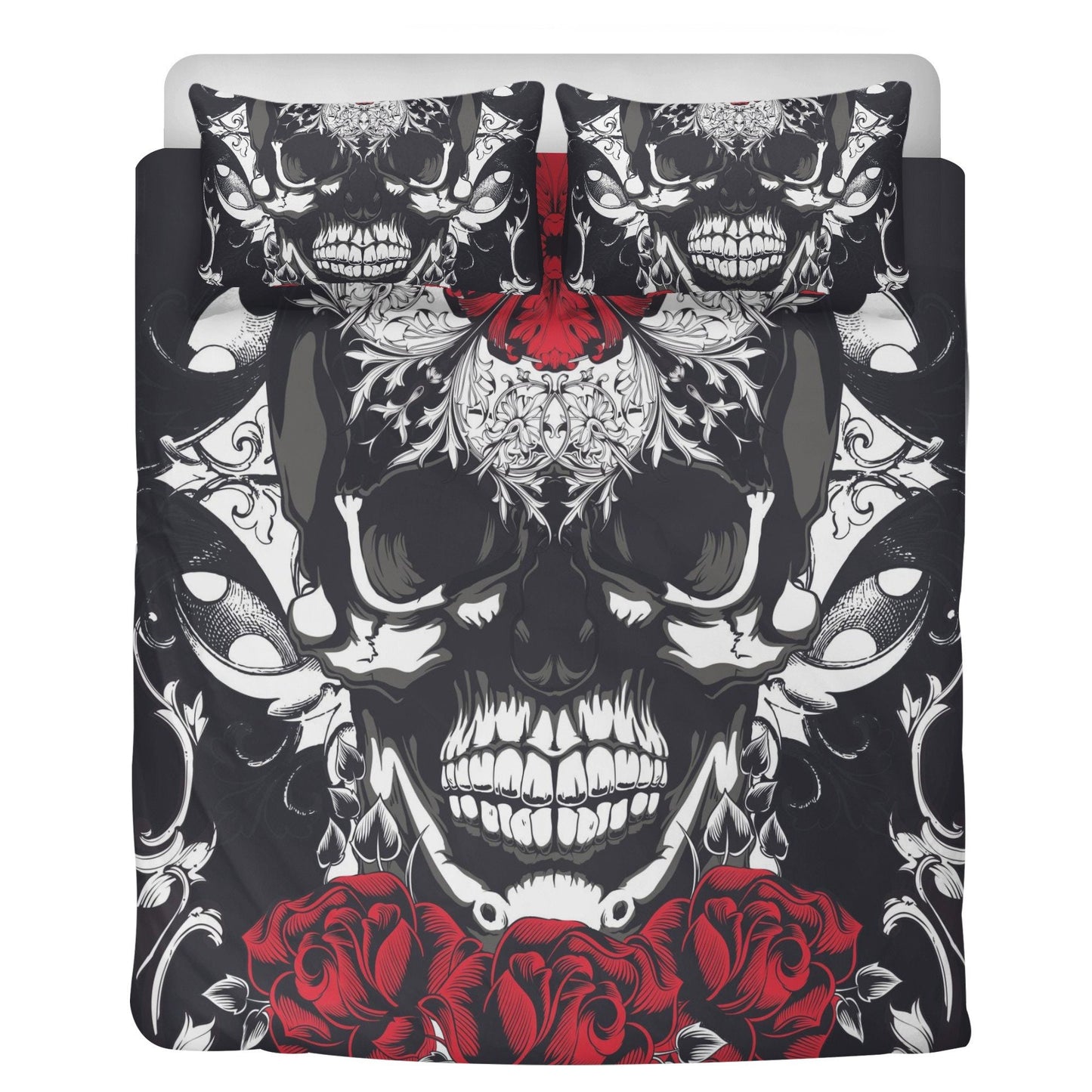 4pcs Floral skull bedding set, Rose skull skeleton duvet cover set Halloween skull bedding set Grim reaper skull Comforter Set pillow covers