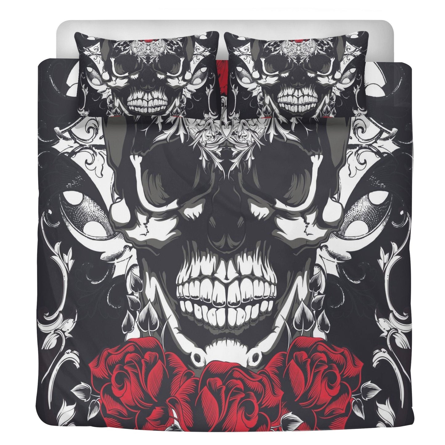 4pcs Floral skull bedding set, Rose skull skeleton duvet cover set Halloween skull bedding set Grim reaper skull Comforter Set pillow covers
