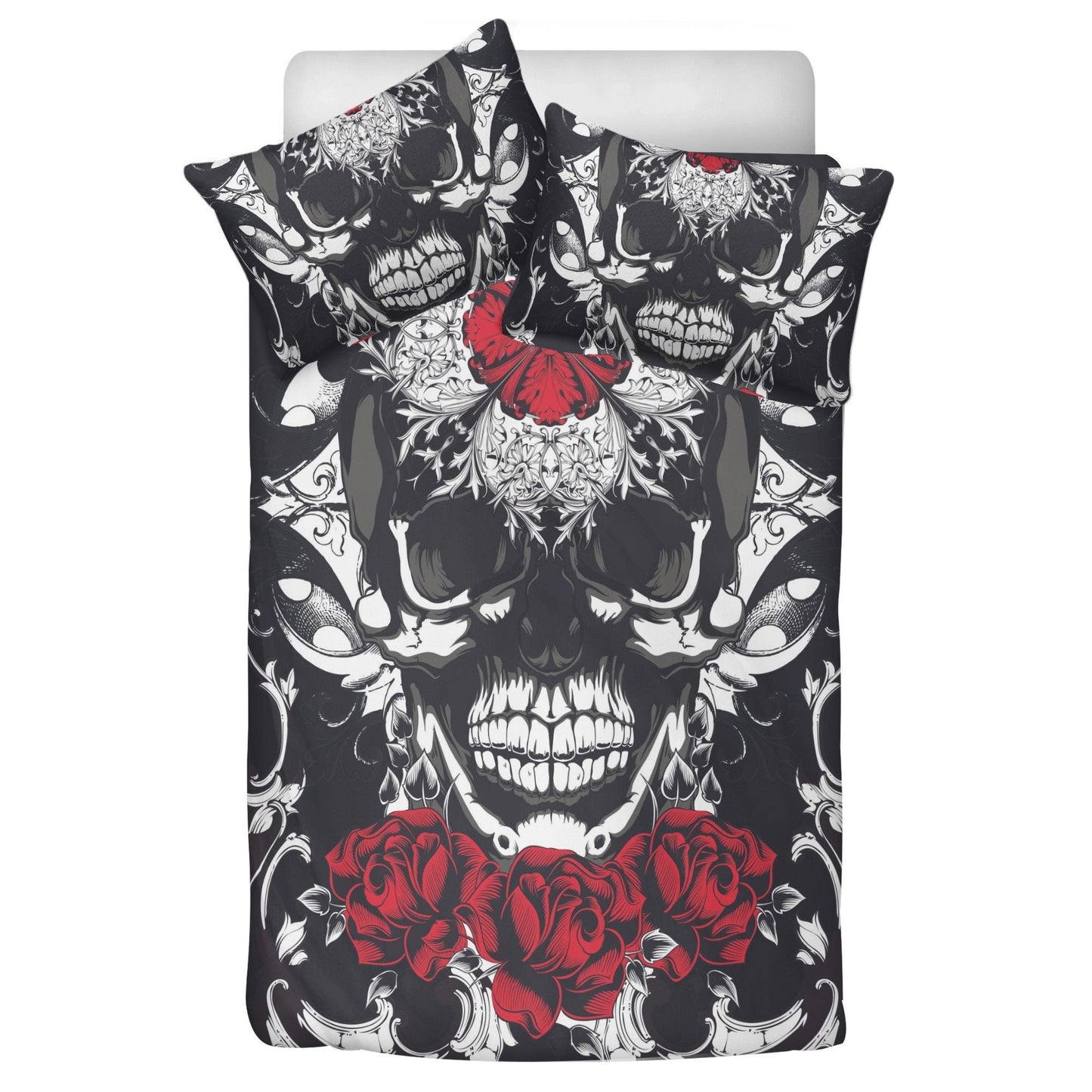 4pcs Floral skull bedding set, Rose skull skeleton duvet cover set Halloween skull bedding set Grim reaper skull Comforter Set pillow covers