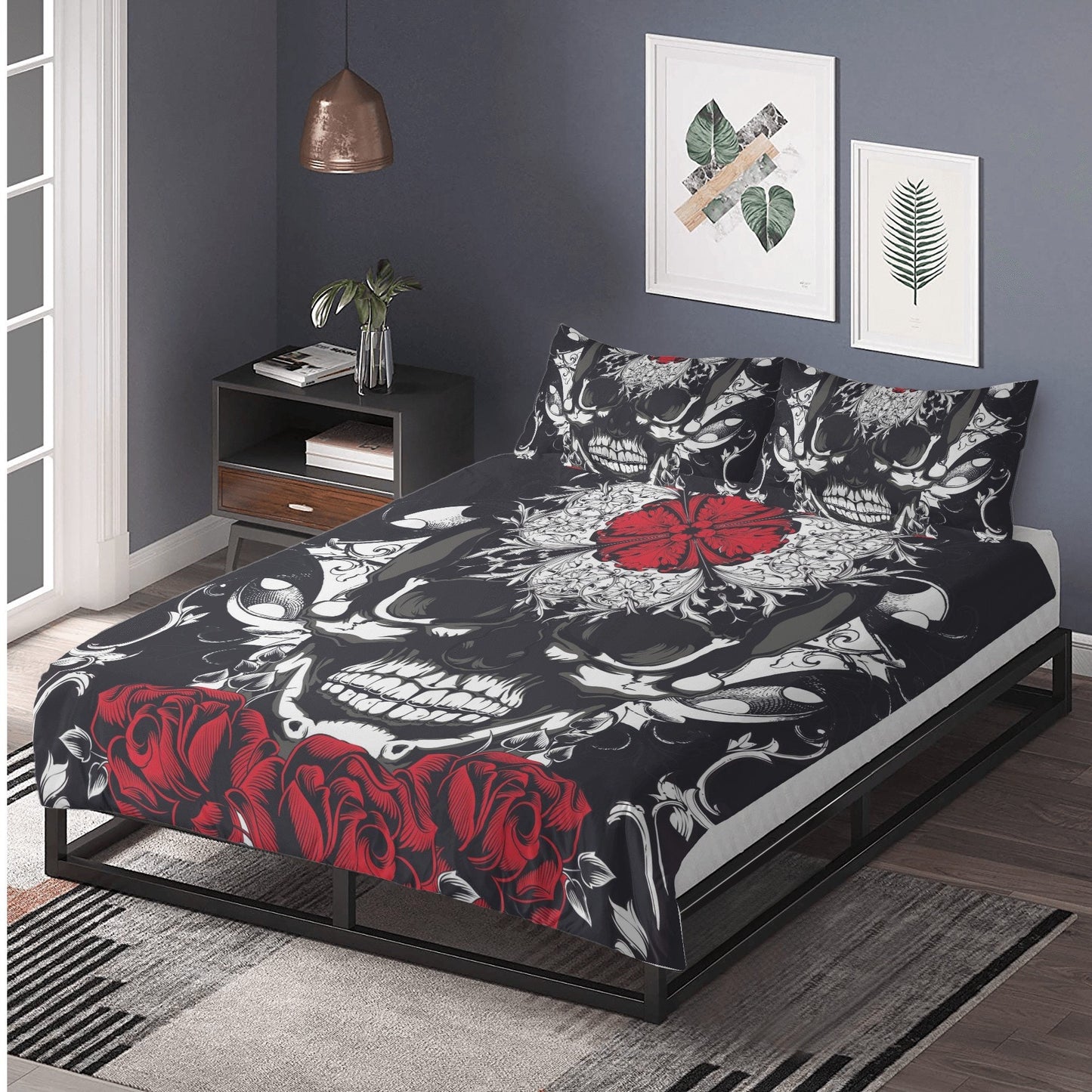4pcs Floral skull bedding set, Rose skull skeleton duvet cover set Halloween skull bedding set Grim reaper skull Comforter Set pillow covers