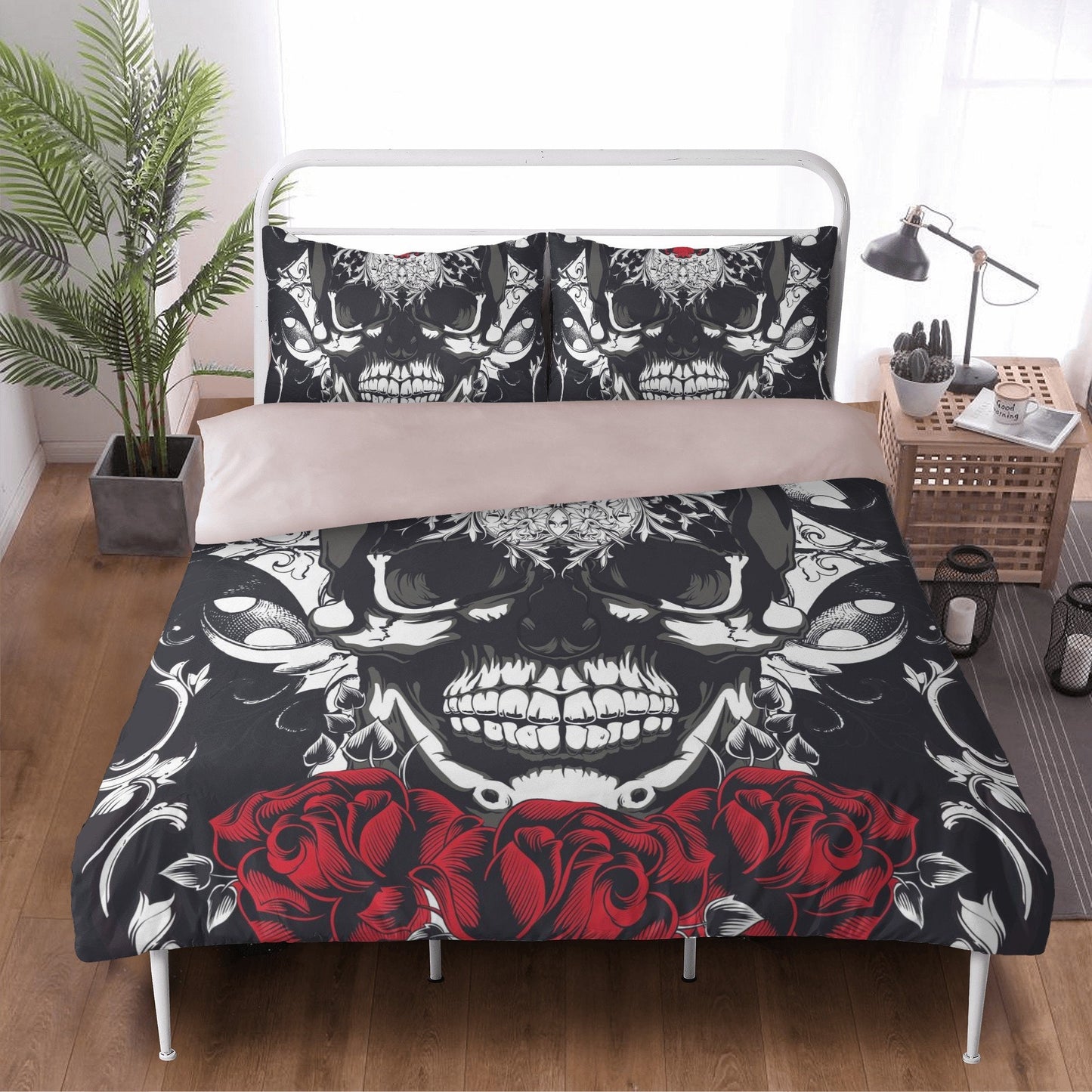 4pcs Floral skull bedding set, Rose skull skeleton duvet cover set Halloween skull bedding set Grim reaper skull Comforter Set pillow covers